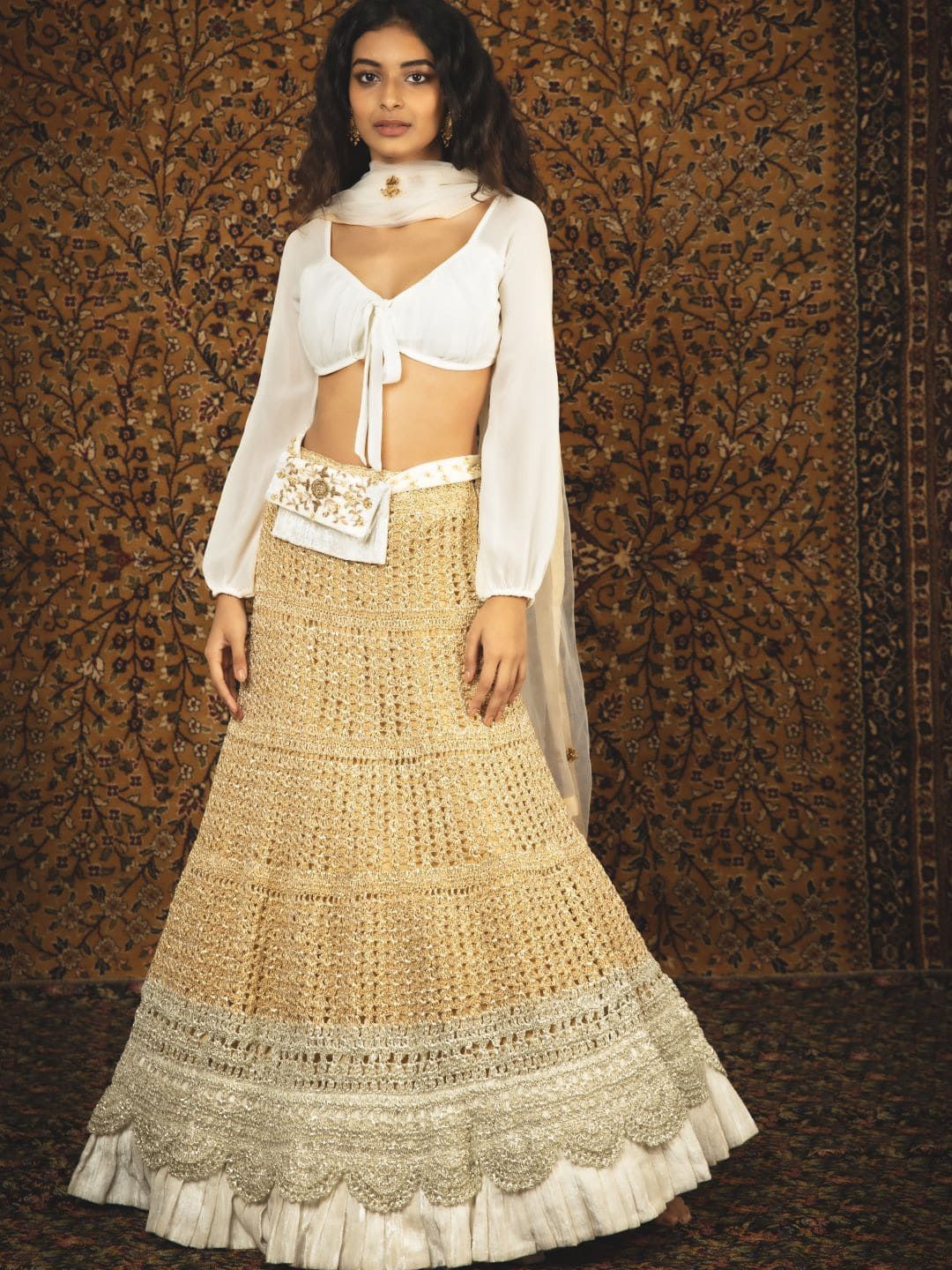 

Nikita Vishakha Zardozi Made to Measure Lehenga & Blouse With Dupatta, White