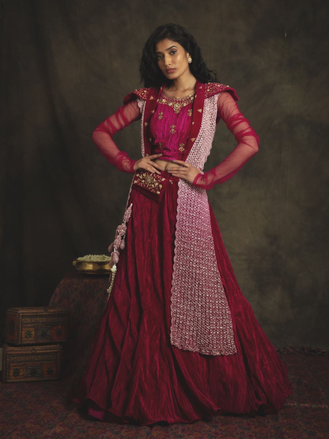 

Nikita Vishakha Embroidered Zardozi Made to Measure Lehenga &, Magenta