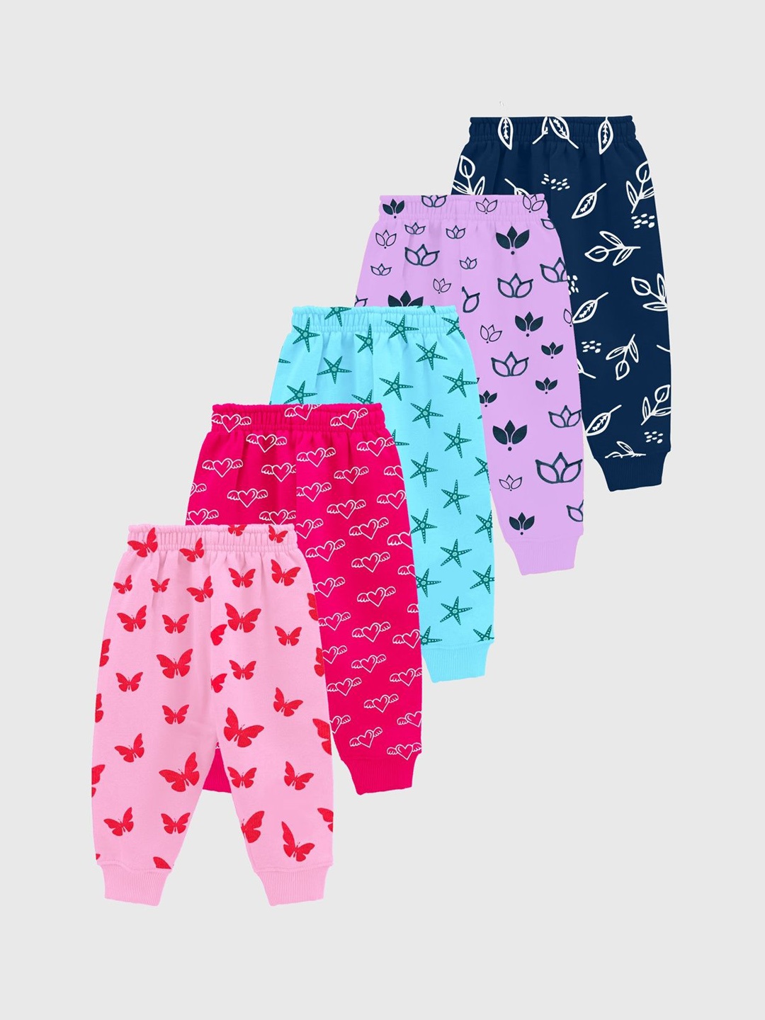 

KUCHIPOO Girls Pack Of 5 Printed Mid Rise Joggers, Pink