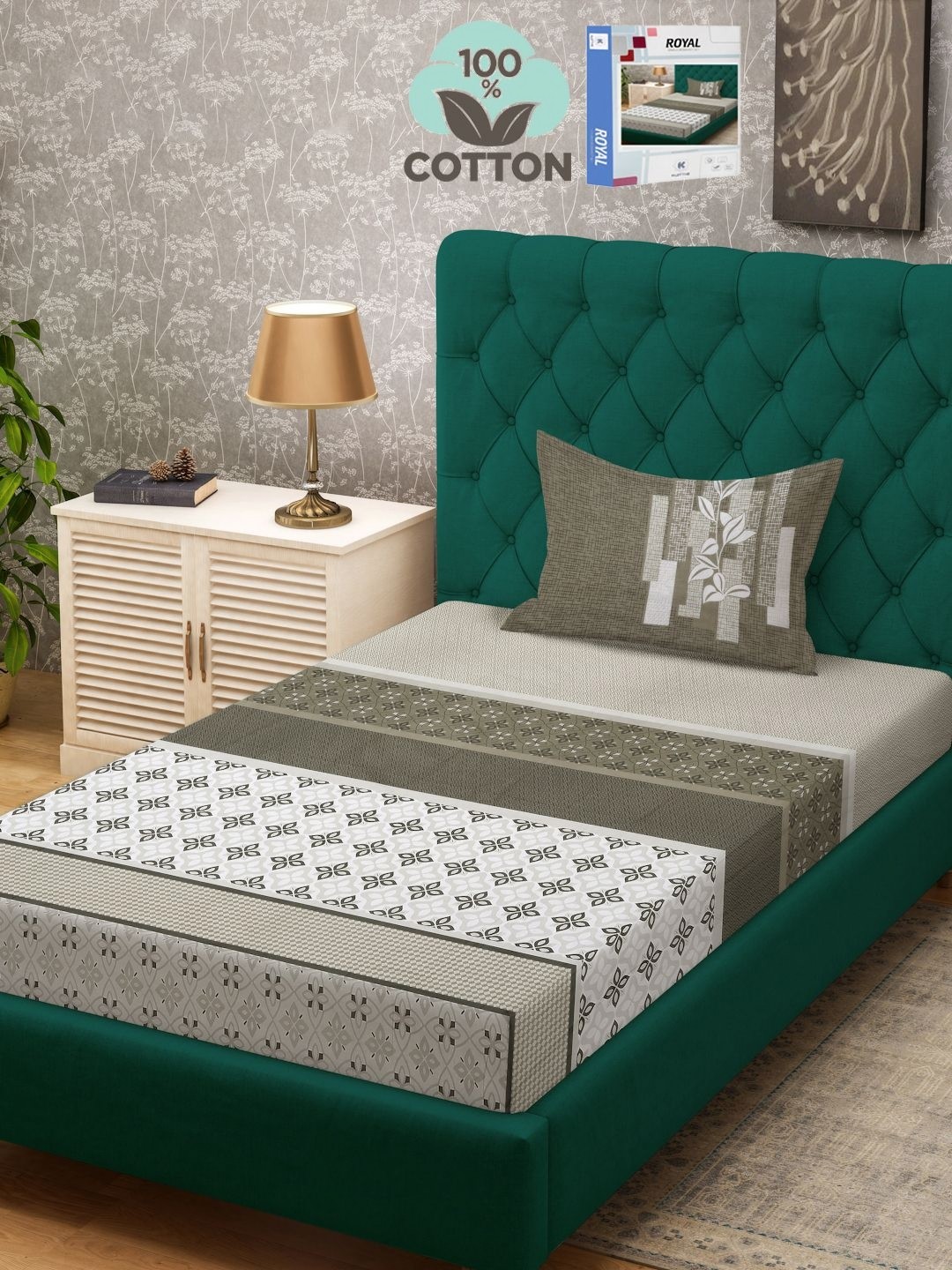 

KLOTTHE White & Olive Green Printed 400 TC Single Bed Bedsheet With 1 Pillow Cover