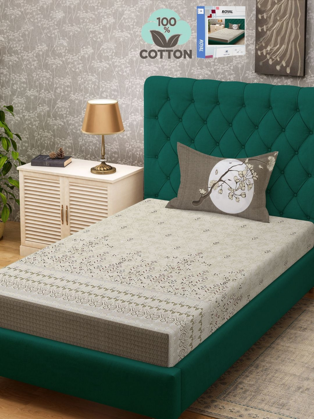 

KLOTTHE White & Brown Printed 400 TC Pure Cotton Single Bed Bedsheet With 1 Pillow Cover