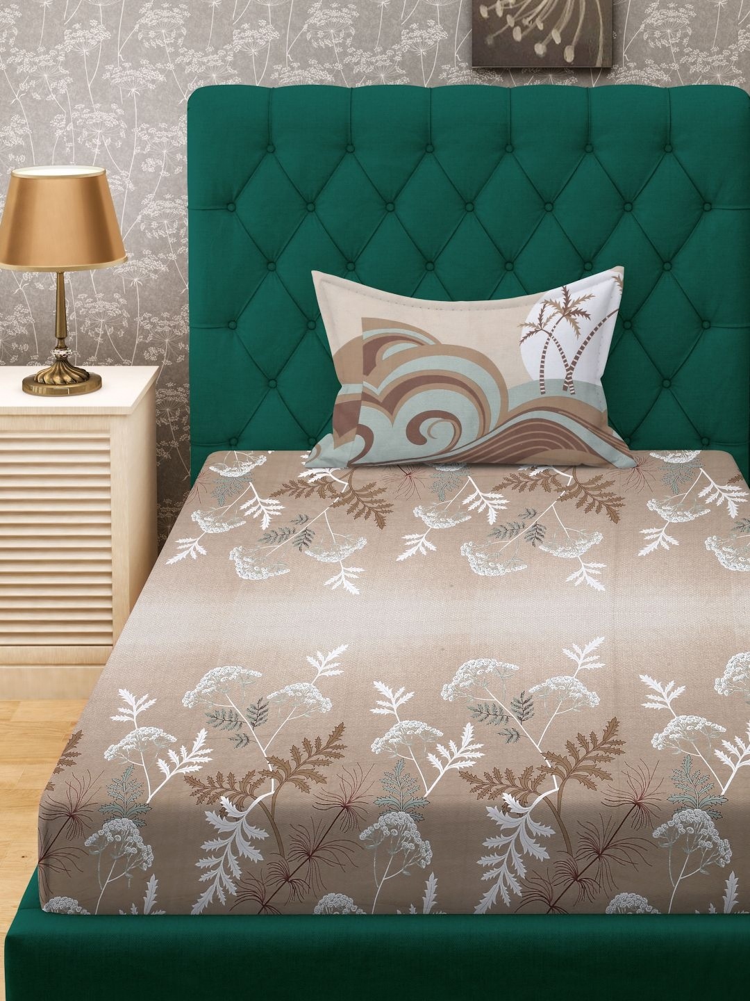

KLOTTHE Beige Printed 400 TC Pure Cotton Single Bed Bedsheet With 1 Pillow Cover