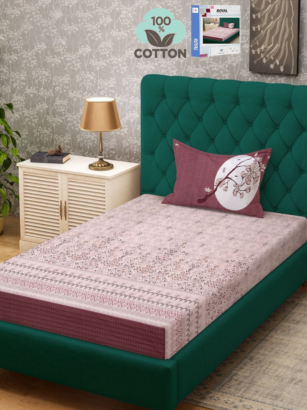 

KLOTTHE Pink Printed 400 TC Pure Cotton Single Bed Bedsheet With 1 Pillow Cover