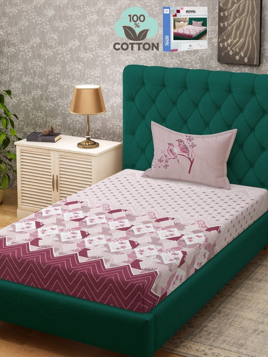 

KLOTTHE White & Pink Printed 400 TC Pure Cotton Single Bed Bedsheet With 1 Pillow Cover