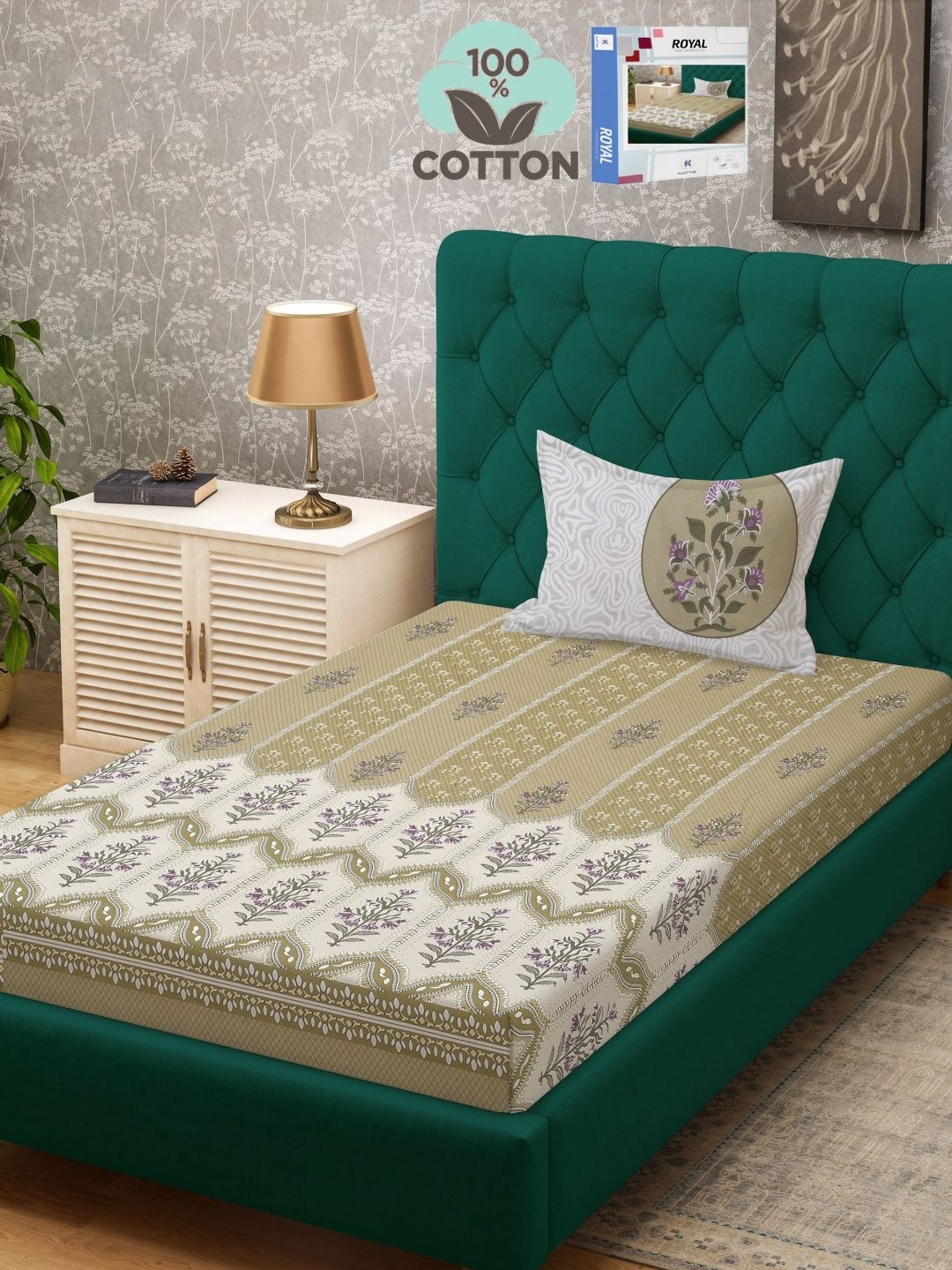 

KLOTTHE Olive Green Printed 400 TC Pure Cotton Single Bed Bedsheet With 1 Pillow Cover