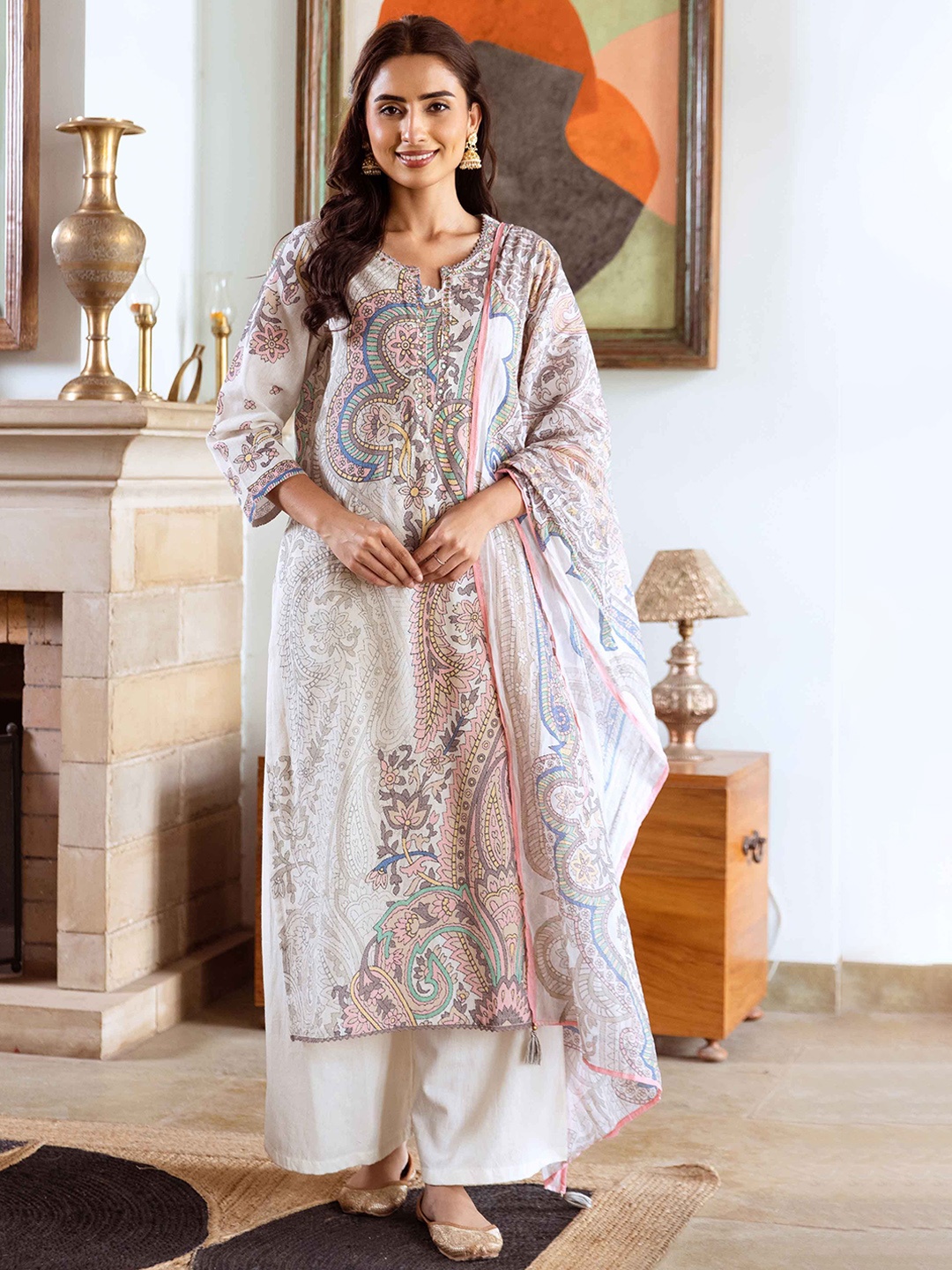 

KALINI Women Paisley Printed Regular Mirror Work Pure Cotton Kurta with Palazzos & With Dupatta, Off white