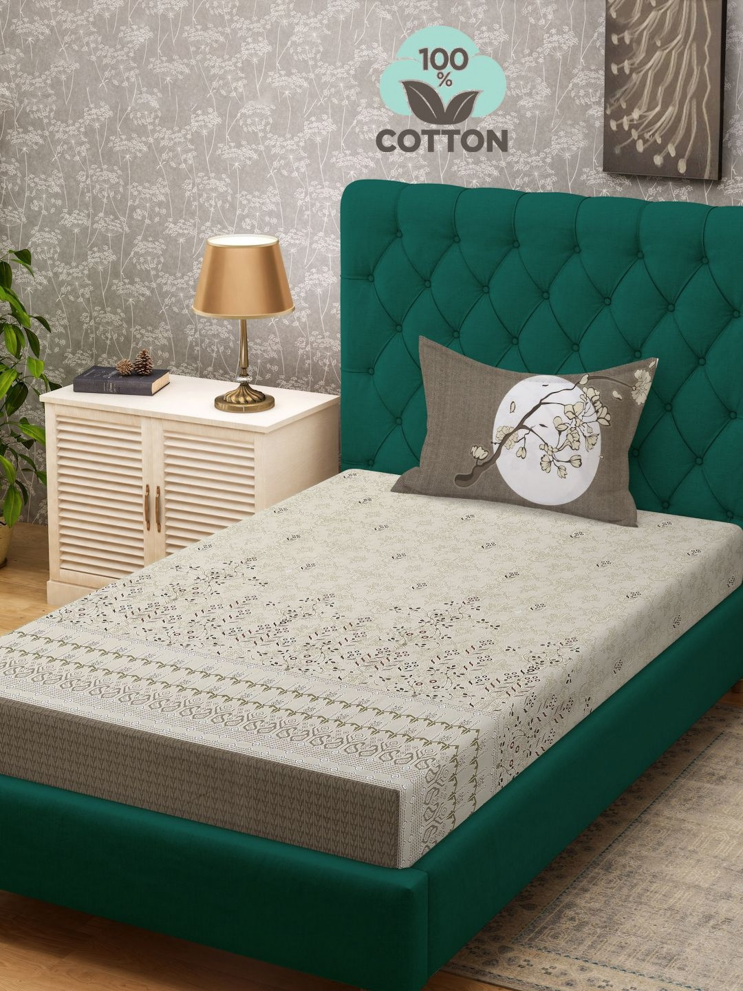 

KLOTTHE White & Brown Printed 400 TC Pure Cotton Single Bed Bedsheet With 1 Pillow Cover