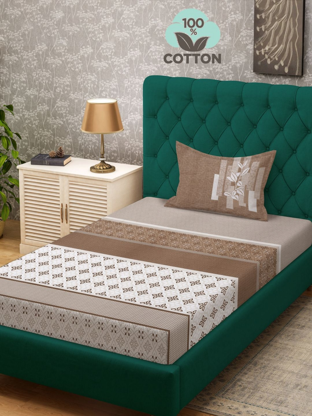 

KLOTTHE Brown Printed 400 TC Pure Cotton Single Bed Bedsheet With 1 Pillow Cover