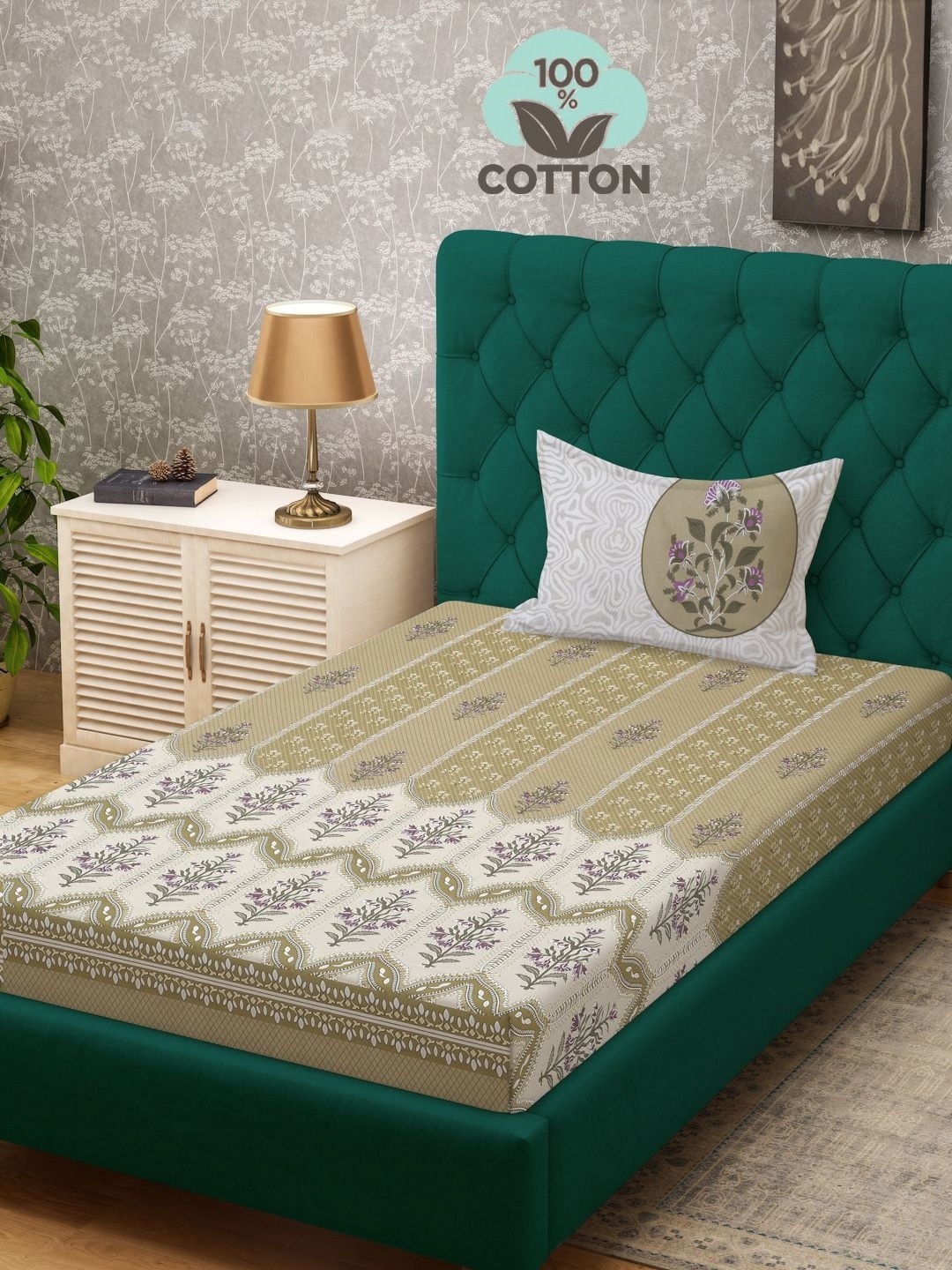 

KLOTTHE Olive Green Printed 400 TC Pure Cotton Single Bed Bedsheet With 1 Pillow Cover