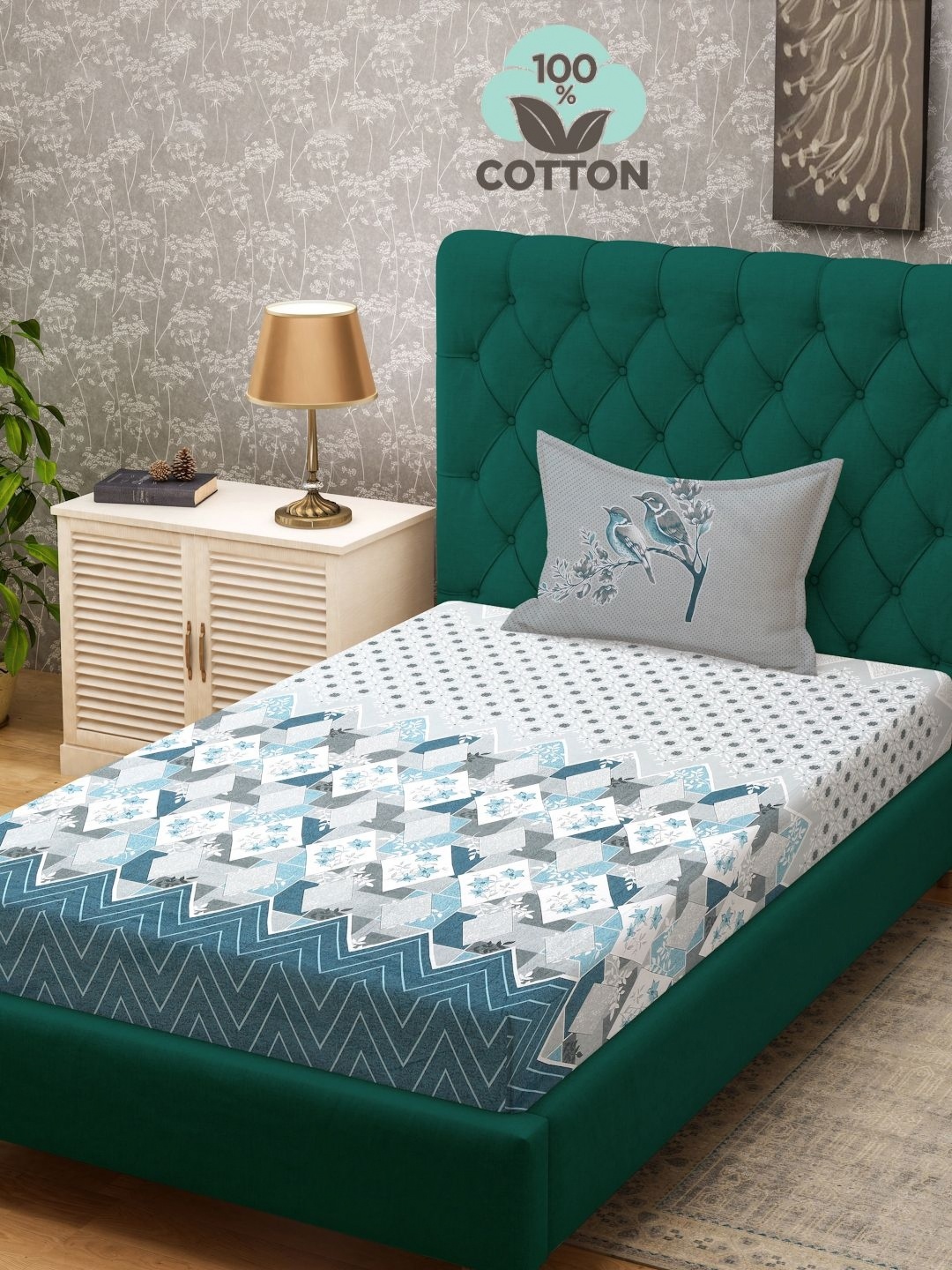 

KLOTTHE Grey Printed 400 TC Pure Cotton Single Bed Bedsheet With 1 Pillow Cover