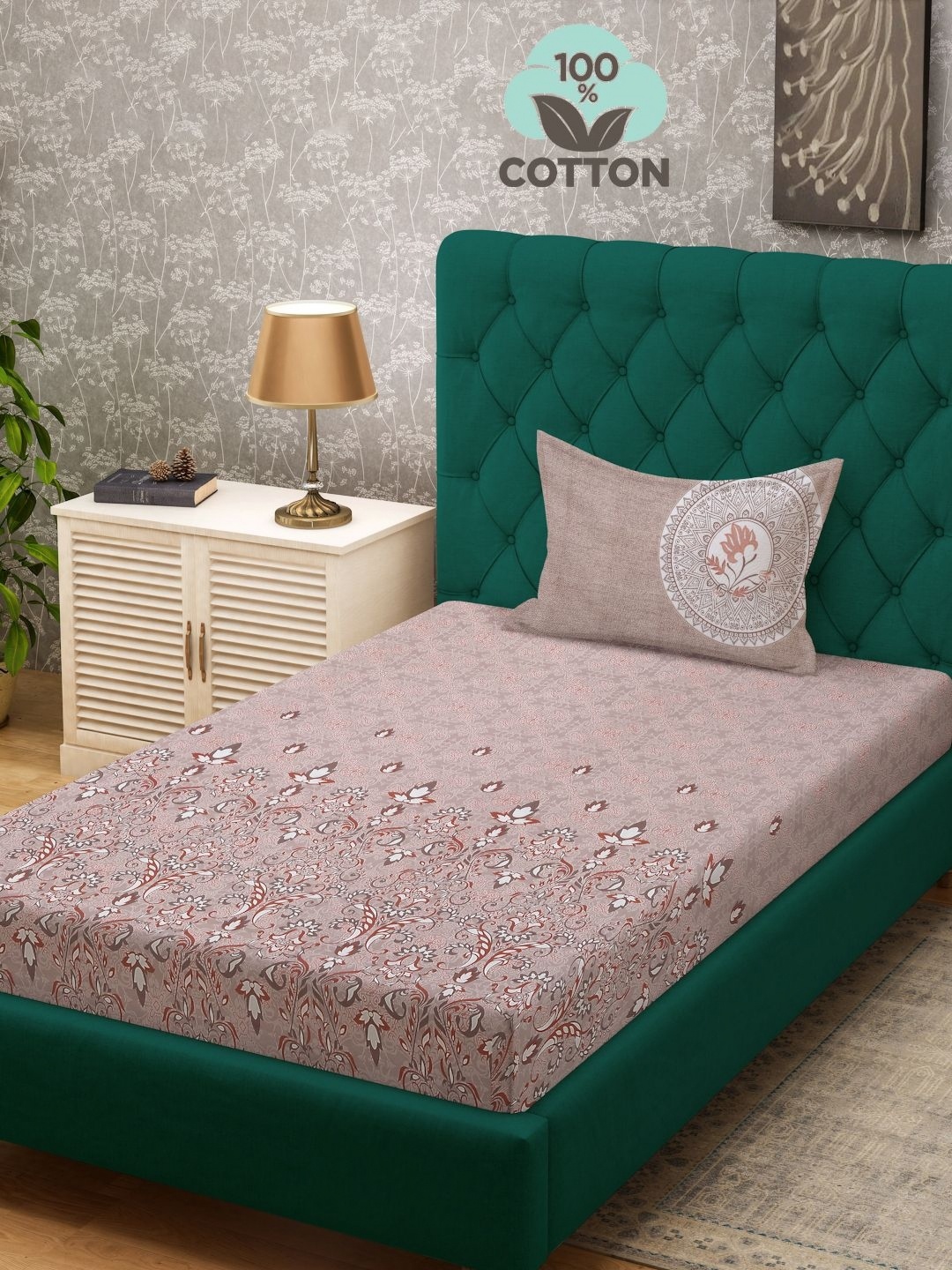 

KLOTTHE Peach Printed 400 TC Pure Cotton Single Bed Bedsheet With 1 Pillow Cover