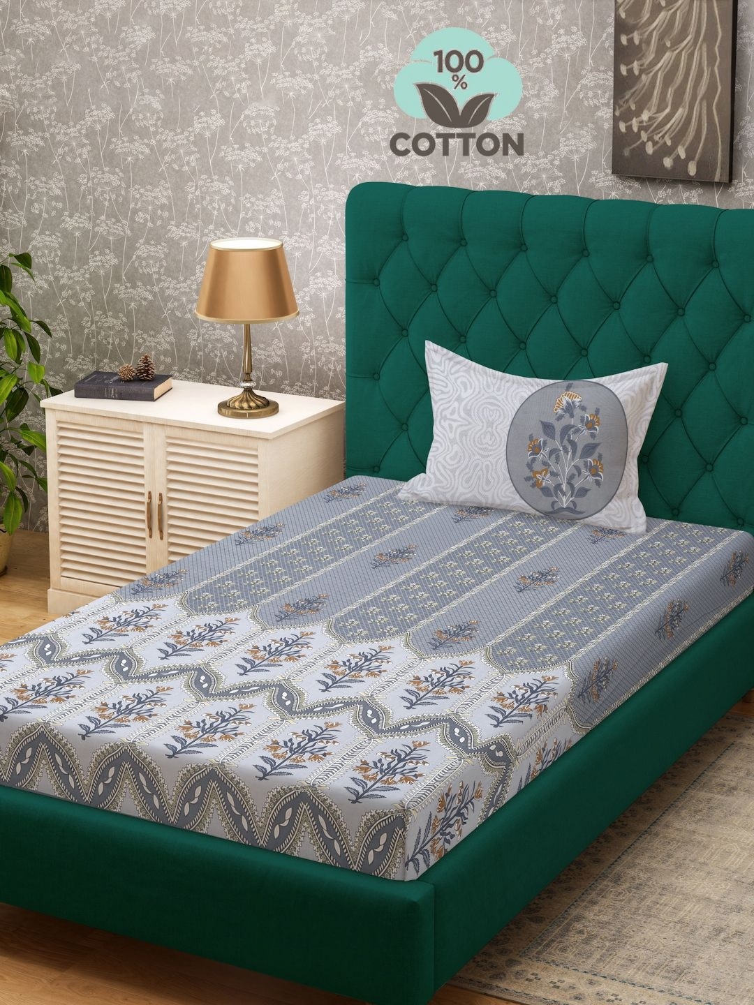 

KLOTTHE Grey Printed 400 TC Pure Cotton Single Bed Bedsheet With 1 Pillow Cover