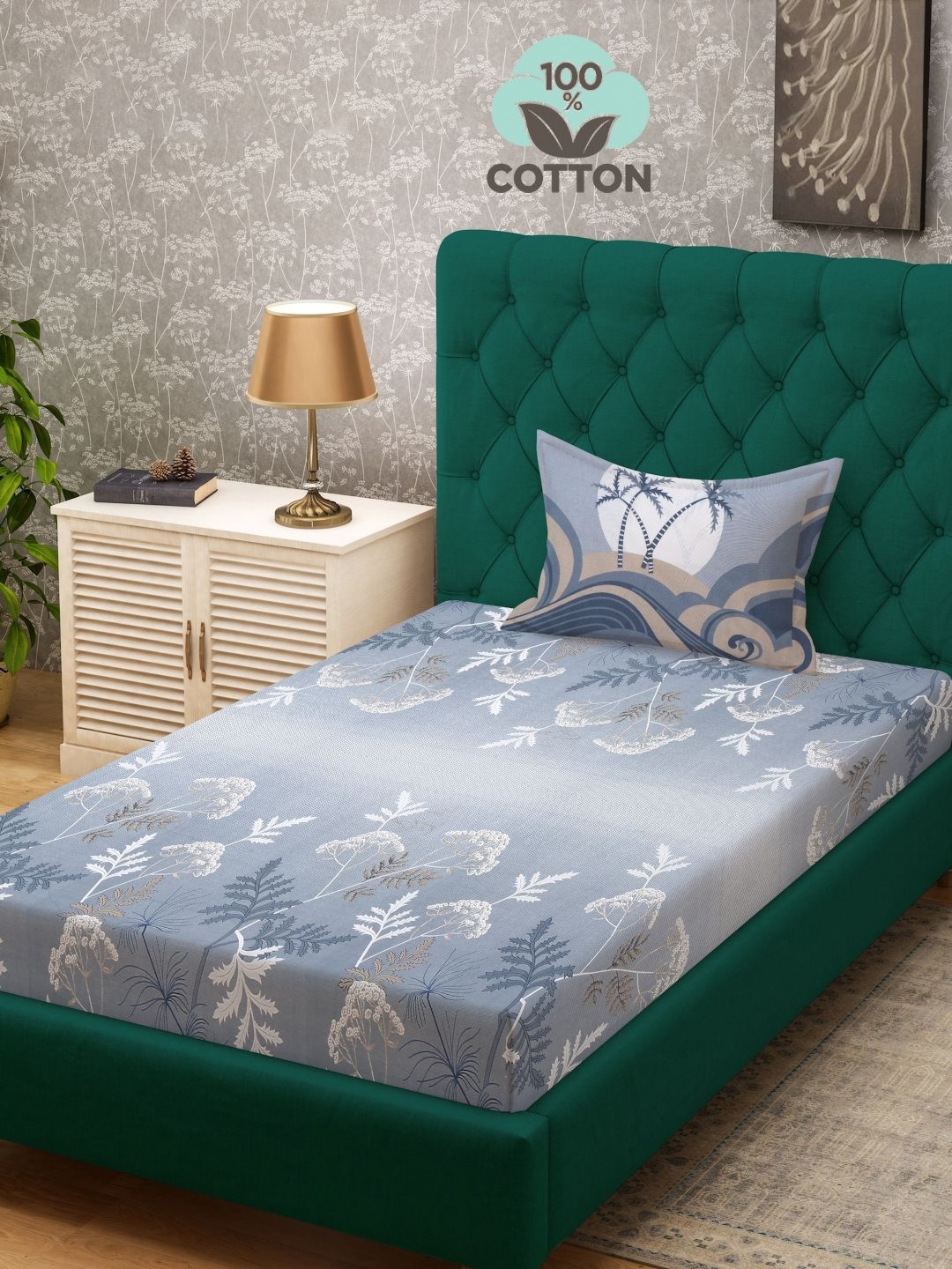 

KLOTTHE Grey Printed 400 TC Pure Cotton Single Bed Bedsheet With 1 Pillow Cover