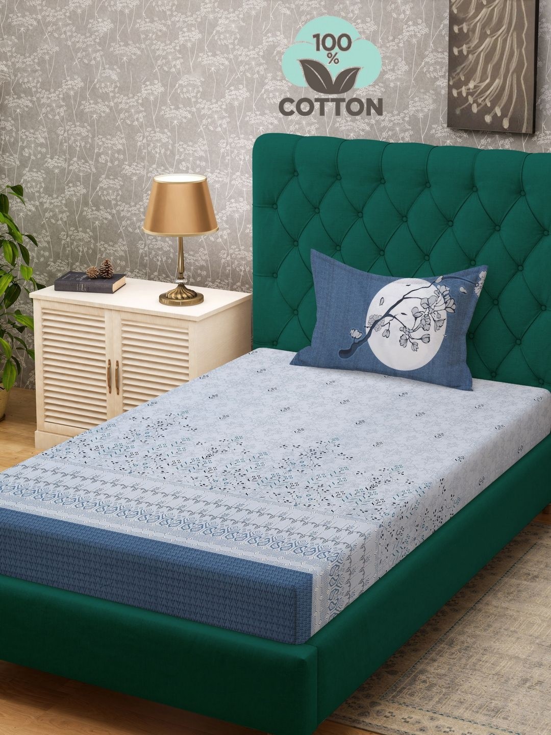 

KLOTTHE Blue Printed 400 TC Pure Cotton Single Bed Bedsheet With 1 Pillow Cover