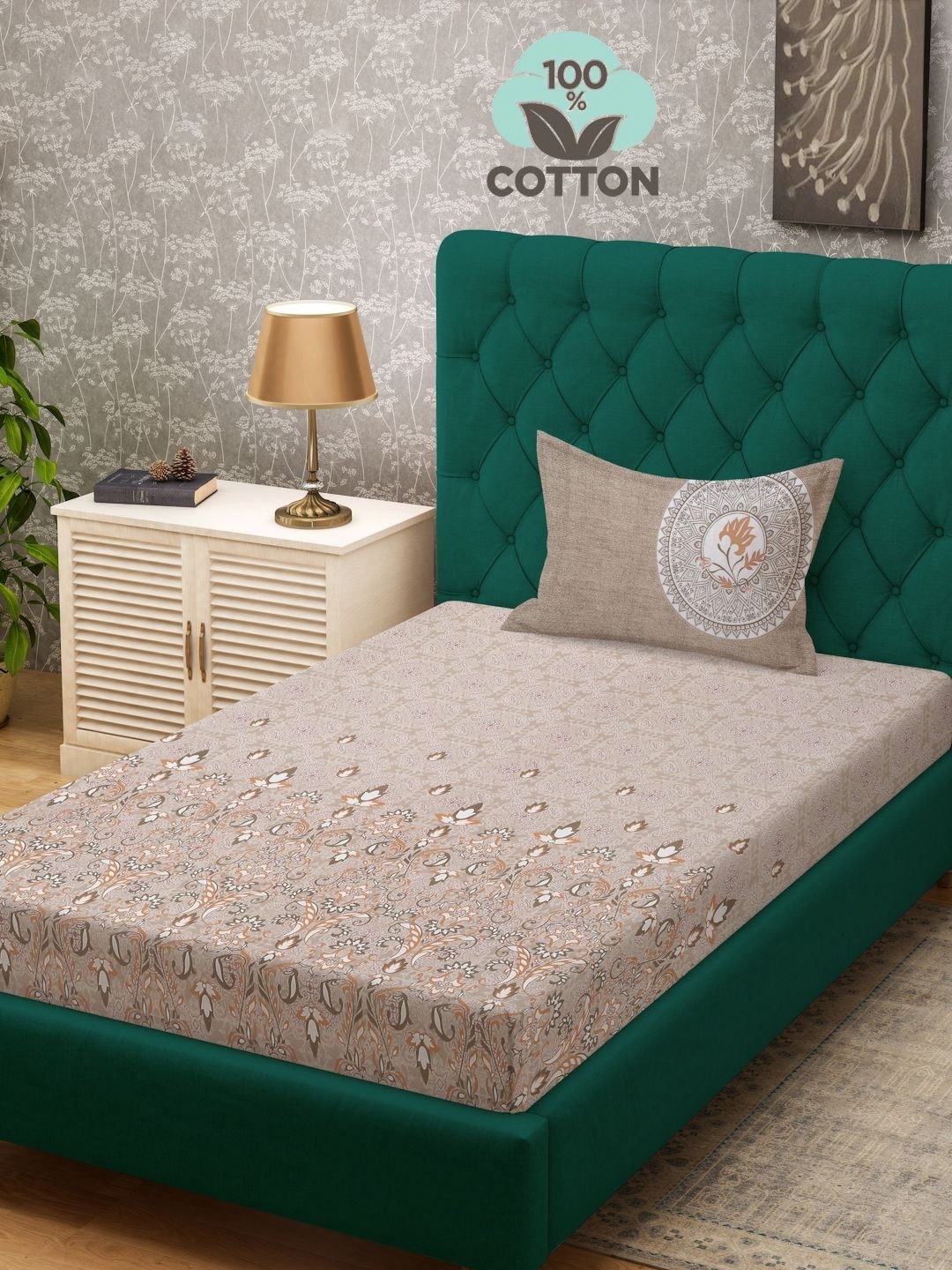 

KLOTTHE Beige Printed 400 TC Pure Cotton Single Bed Bedsheet With 1 Pillow Cover