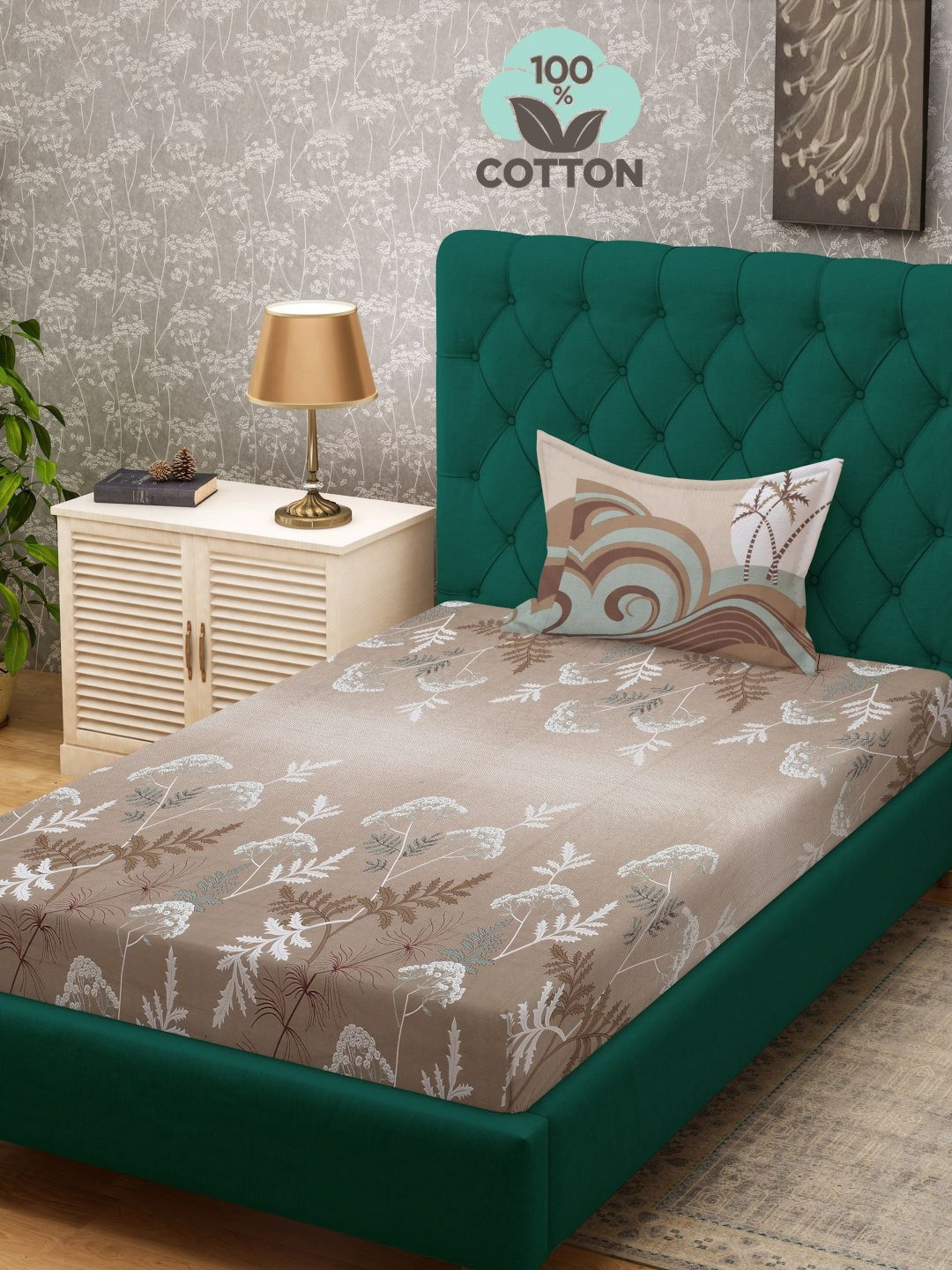 

KLOTTHE Beige Printed 400 TC Pure Cotton Single Bed Bedsheet With 1 Pillow Cover
