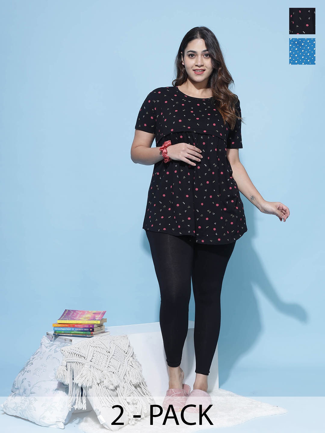 

9shines Label Pack Of 2 Printed Cotton Maternity Top With Front Zip, Black