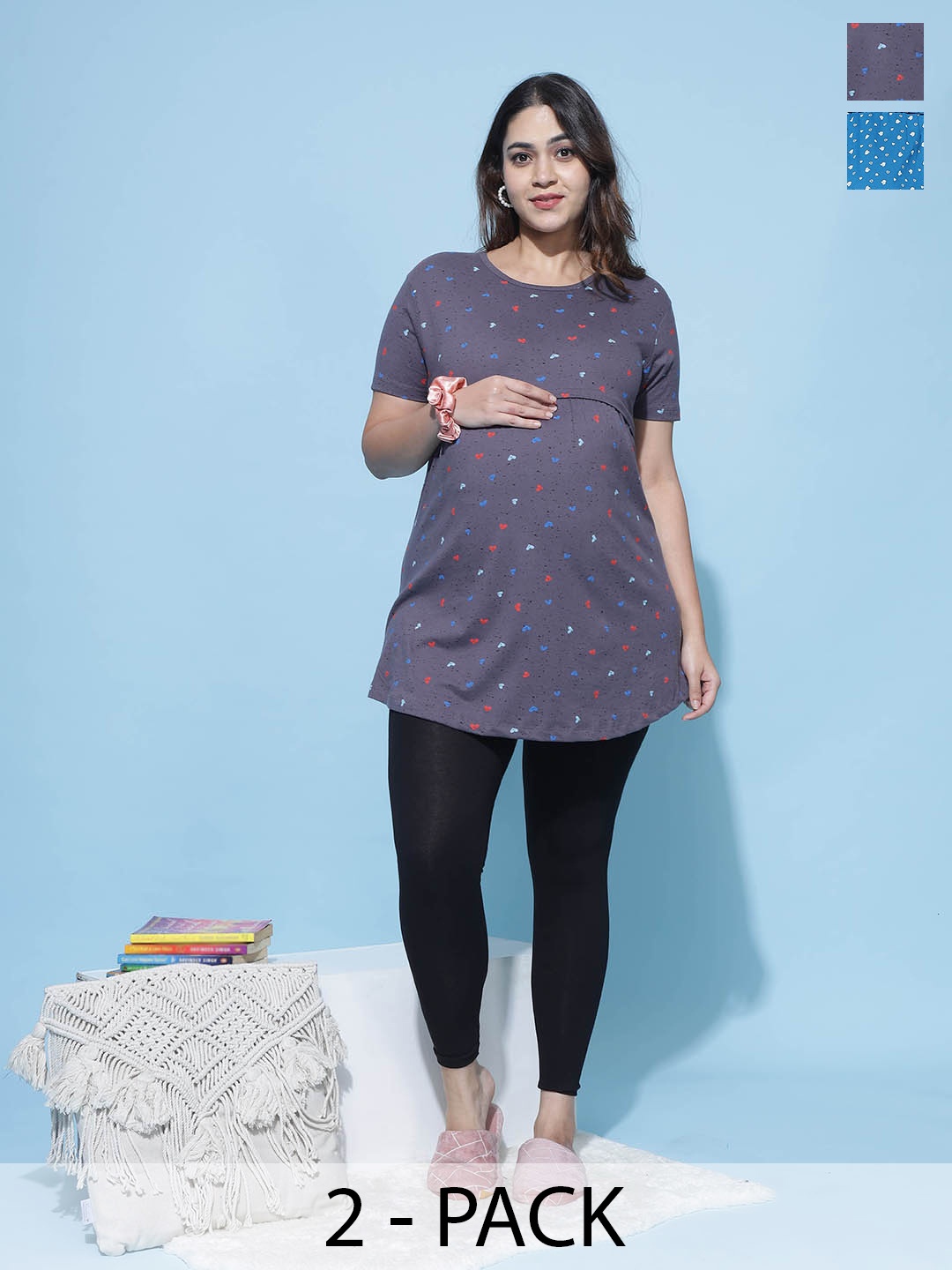 

9shines Label Pack Of 2 Printed Cotton Maternity Top With Front Zip, Grey