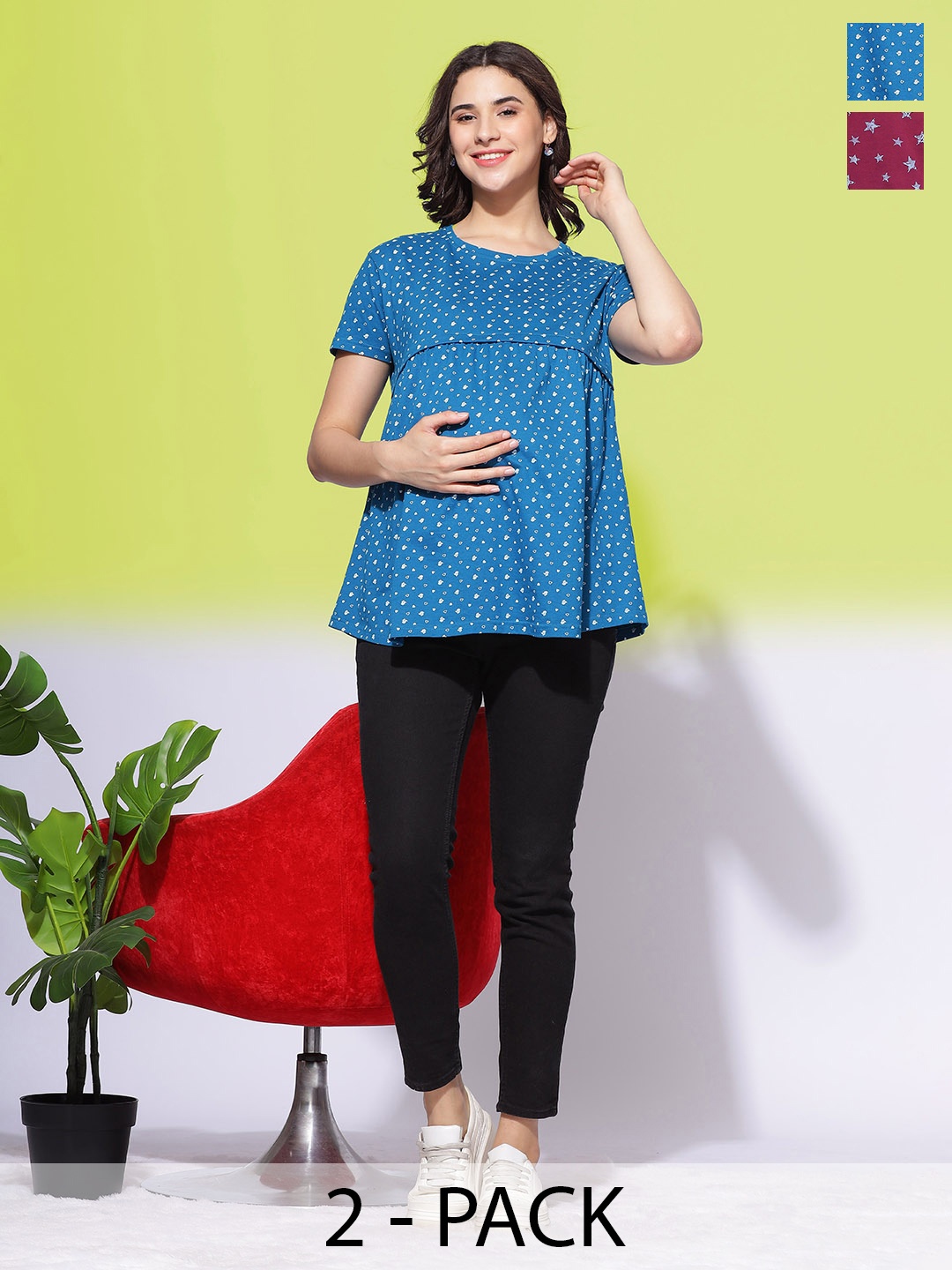 

9shines Label Pack Of 2 Printed Cotton Maternity Top With Front Zip, Blue