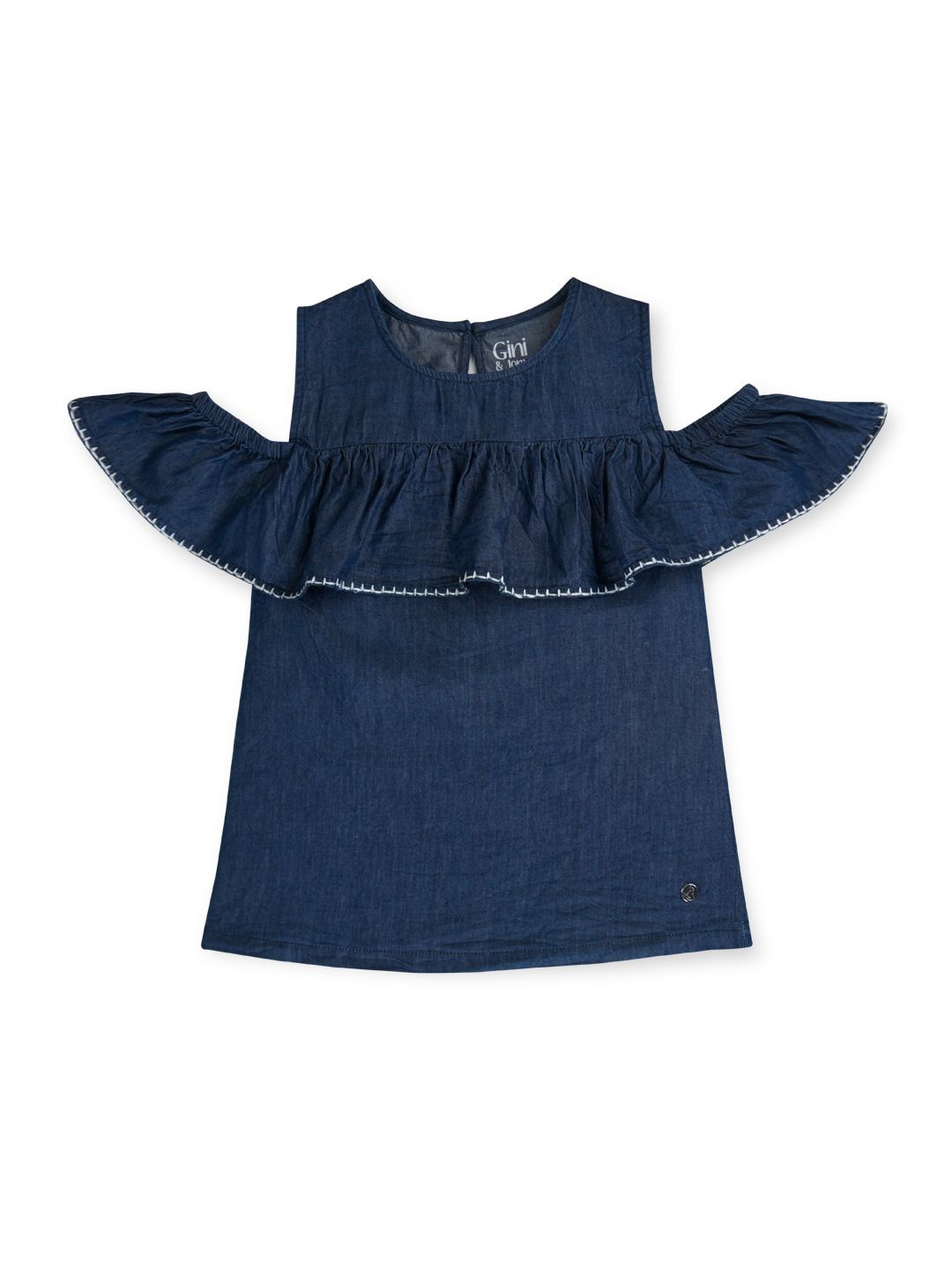 

Gini and Jony Cold-Shoulder Cotton Denim Top, Navy blue