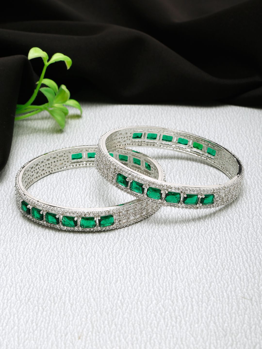 

YouBella Set Of 2 Silver-Plated & American Diamond-Studded Bangles, Green