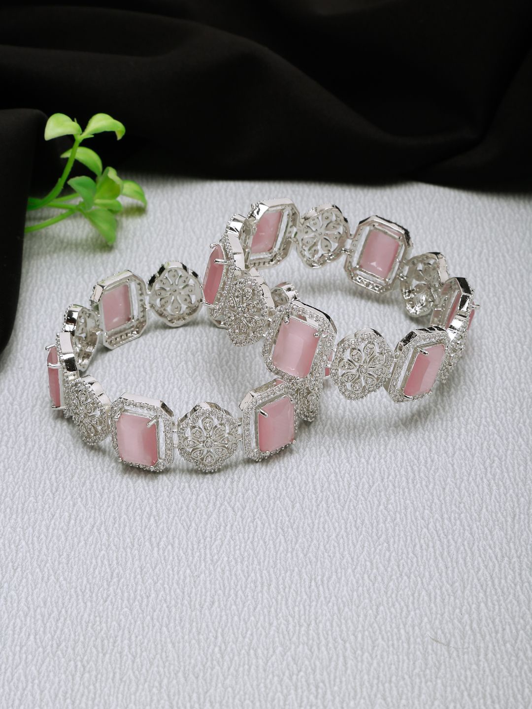 

YouBella Set Of 2 Silver-Plated AD Studded Bangles, Pink