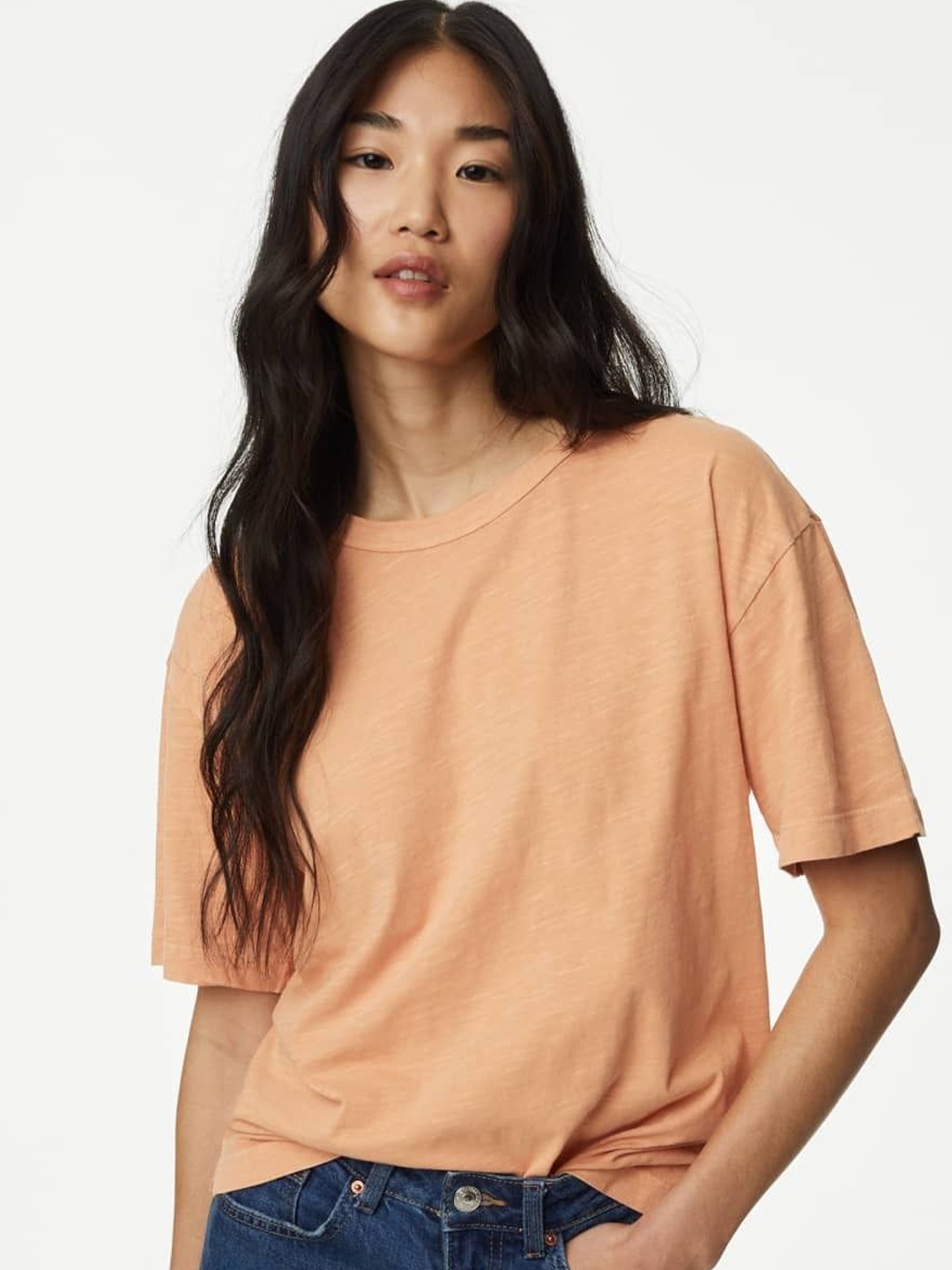 

Marks & Spencer Women V-Neck Extended Sleeves Pockets T-shirt, Orange