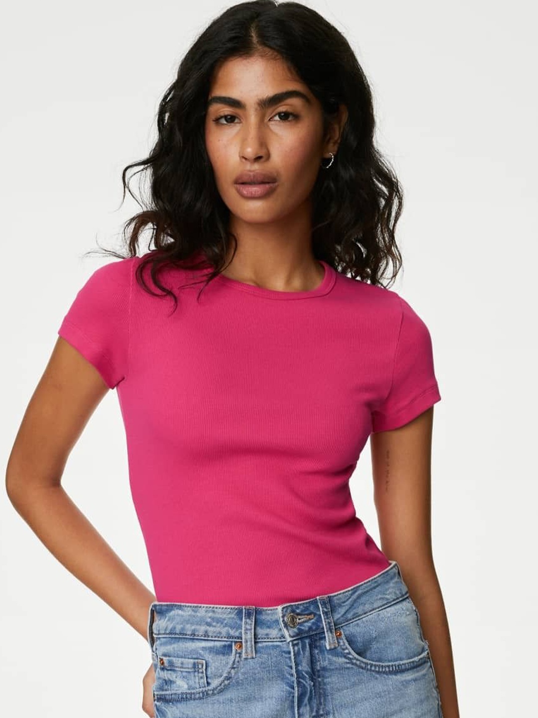 

Marks & Spencer Women V-Neck Raw Edge Slim Fit T-shirt, Pink