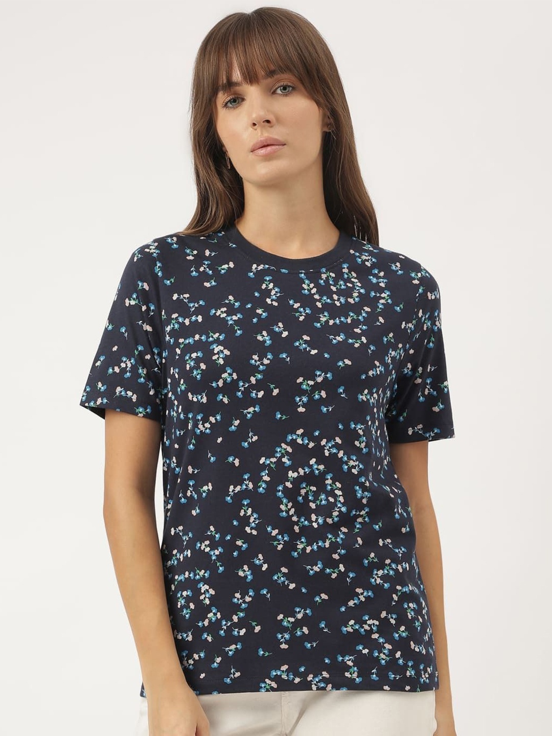 

Marks & Spencer Women Floral Printed Pockets T-shirt, Navy blue