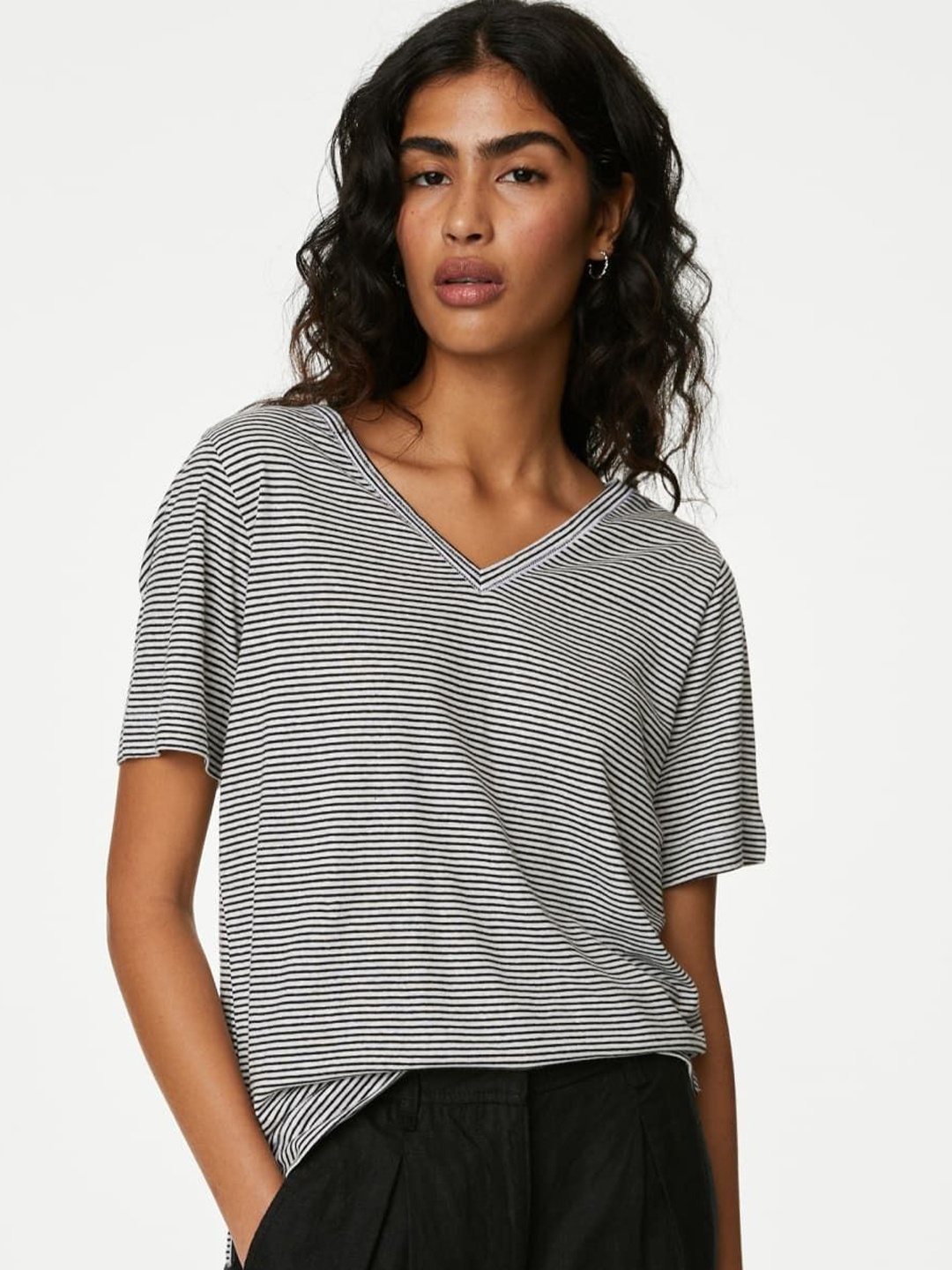 

Marks & Spencer Women Colourblocked V-Neck Linen Blend Pockets T-shirt, Black