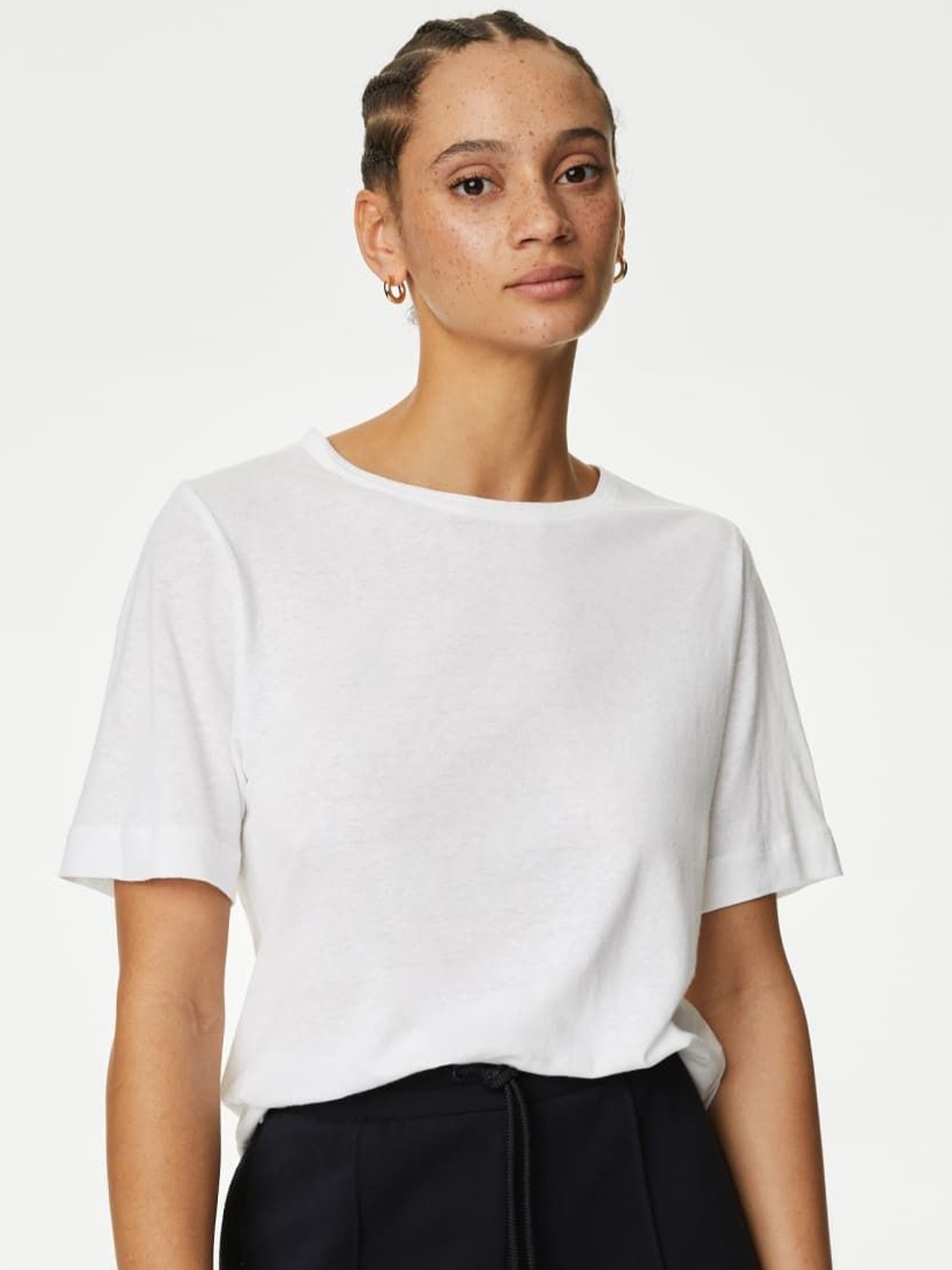 

Marks & Spencer Women Linen Blend Raw Edge T-shirt, White