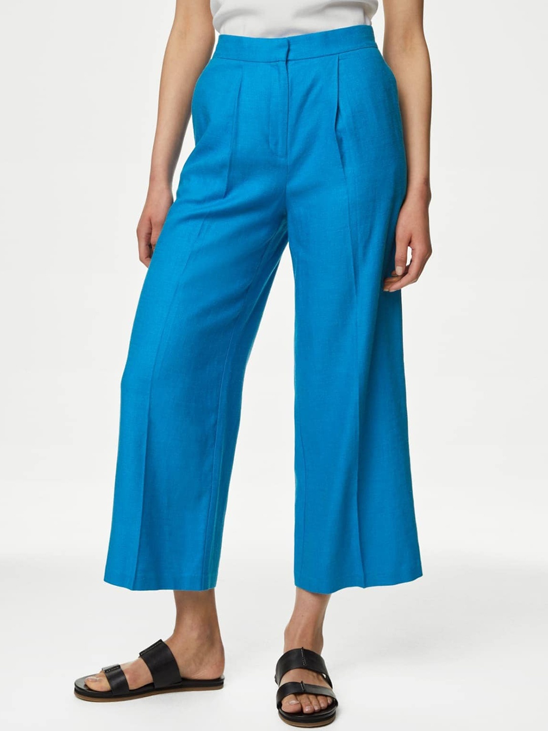 

Marks & Spencer Women Flared High-Rise Trousers, Blue