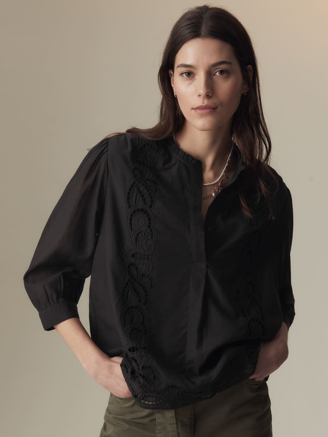 

Marks & Spencer Mandarin Collar Cotton Shirt Style Top, Black