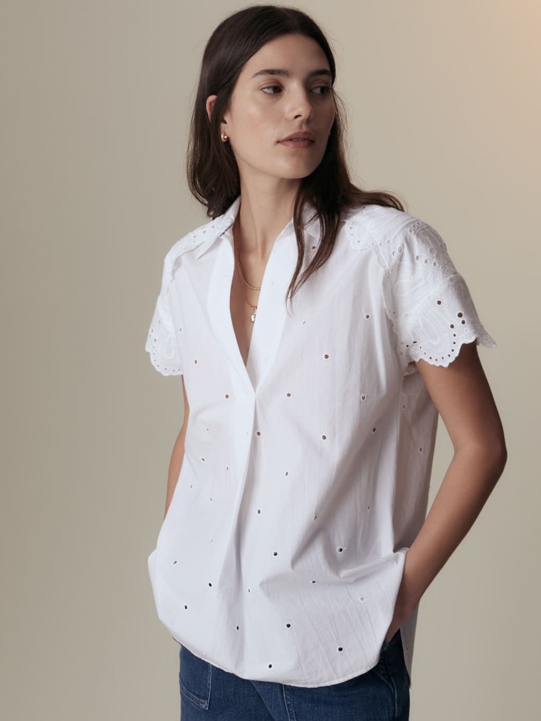 

Marks & Spencer Flutter Sleeve Cotton Shirt Style Top, White