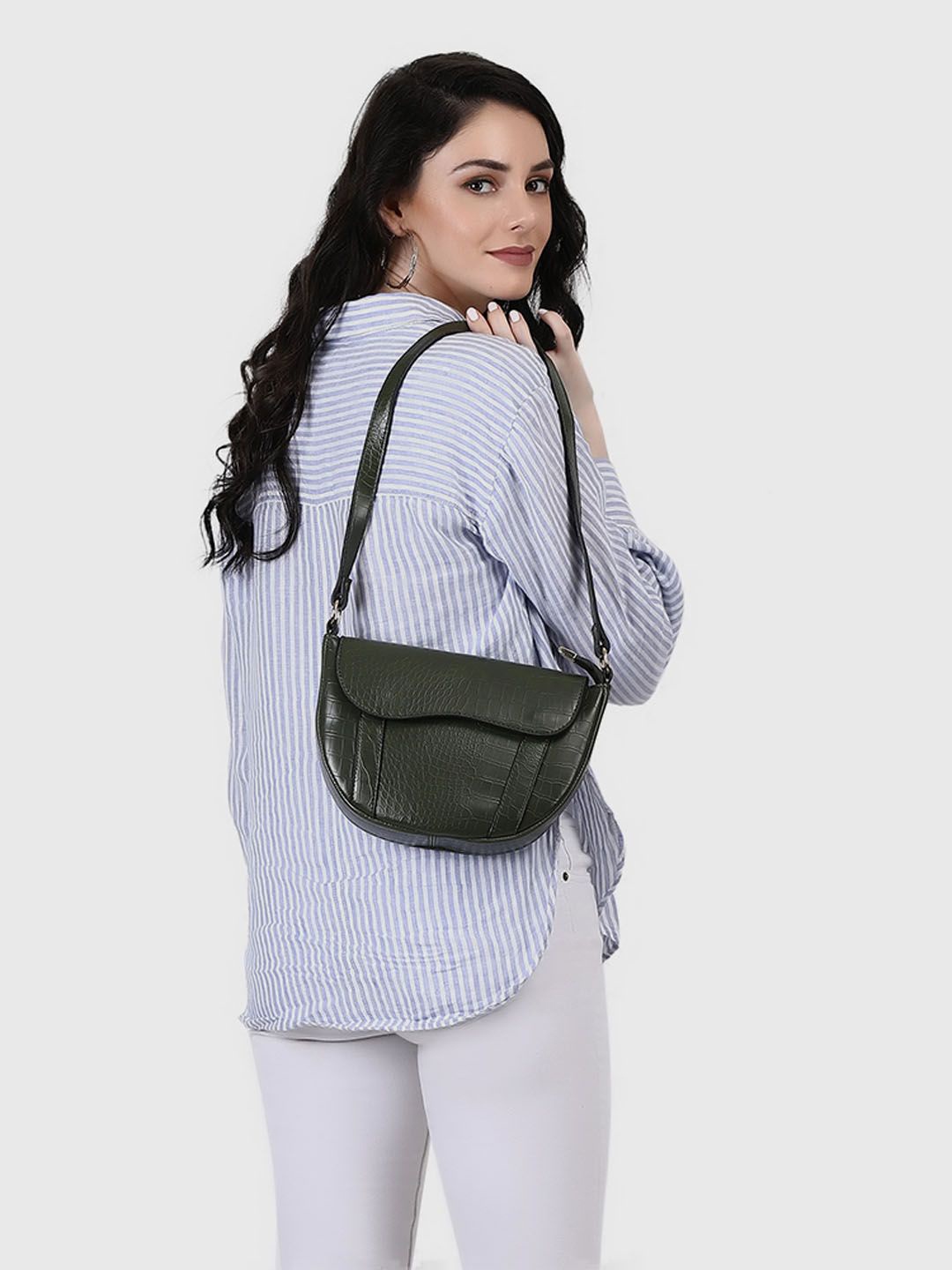

LA ELLORE Textured Vegan leather Structured Sling Bag, Green