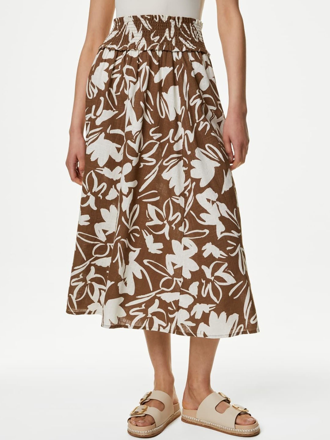 

Marks & Spencer Floral Printed Pure Cotton Pleated Flared Midi Skirt, Brown