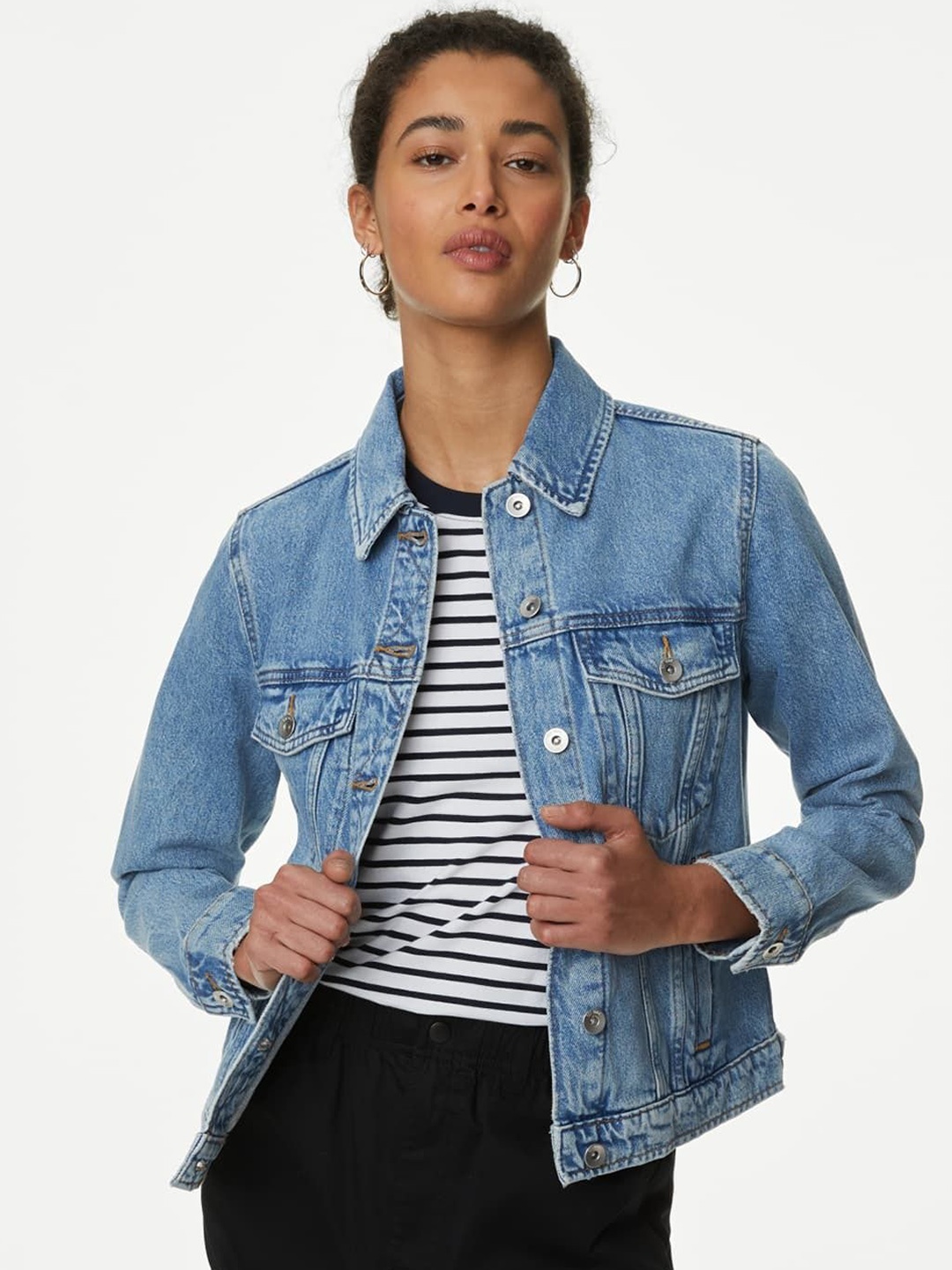 

Marks & Spencer Women Longline Denim Jacket with Patchwork, Blue