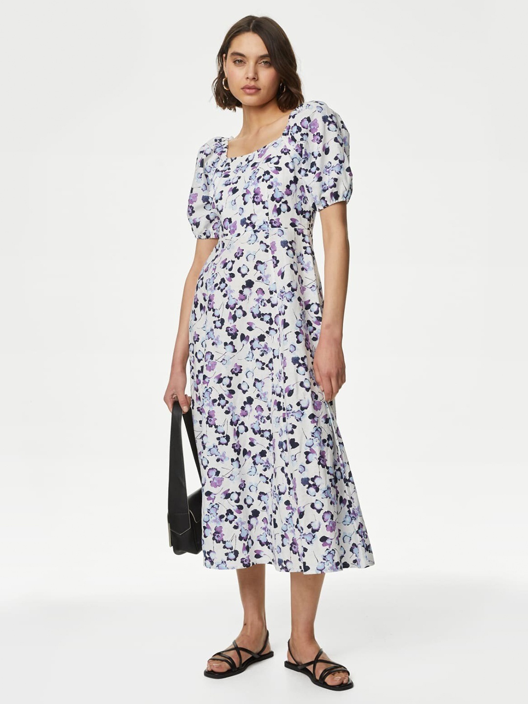 

Marks & Spencer Floral Print Fit & Flare Midi Dress, Off white