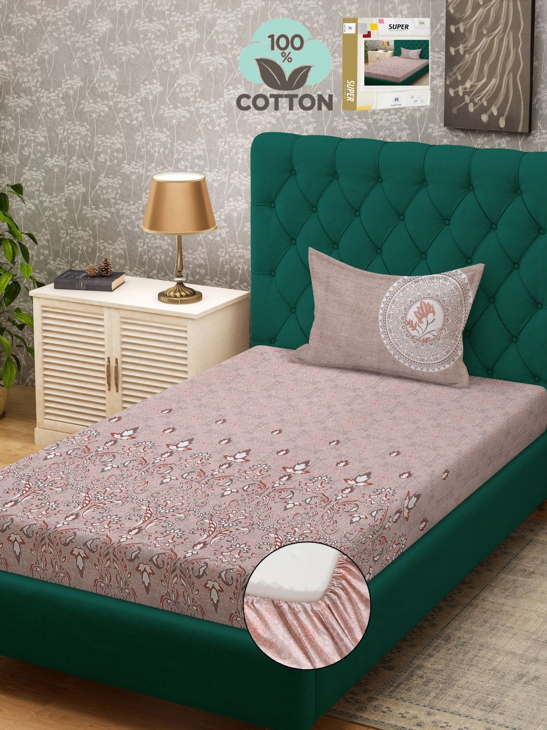 

KLOTTHE Peach Printed 400 TC Pure Cotton Single Fitted Bedsheet & 1 Pillow Cover