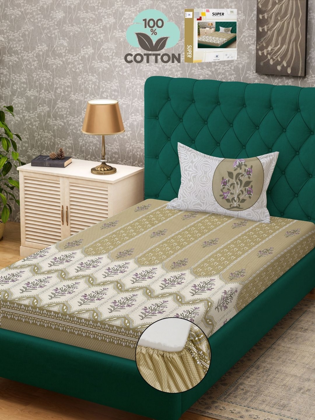 

KLOTTHE Olive Green Printed 400 TC Pure Cotton Single Bed Fitted Bedsheet & 1 Pillow Cover