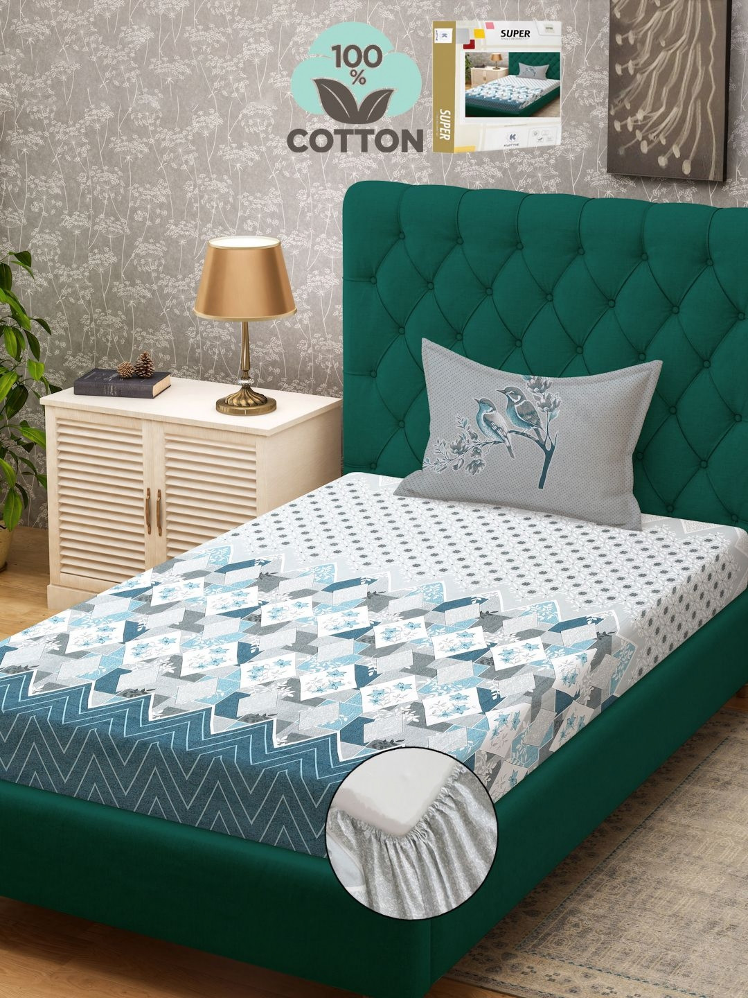 

KLOTTHE White Printed 400 TC Pure Cotton Single Bed Fitted Bedsheet With 1 Pillow Cover