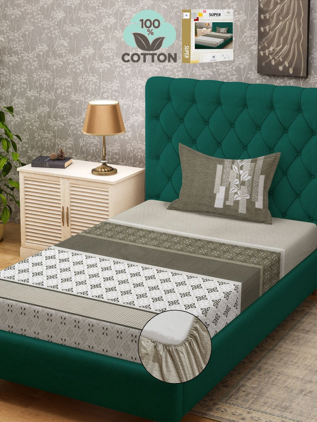 

KLOTTHE Olive Green Printed 400 TC Pure Cotton Single Bed Fitted Bedsheet & 1 Pillow Cover