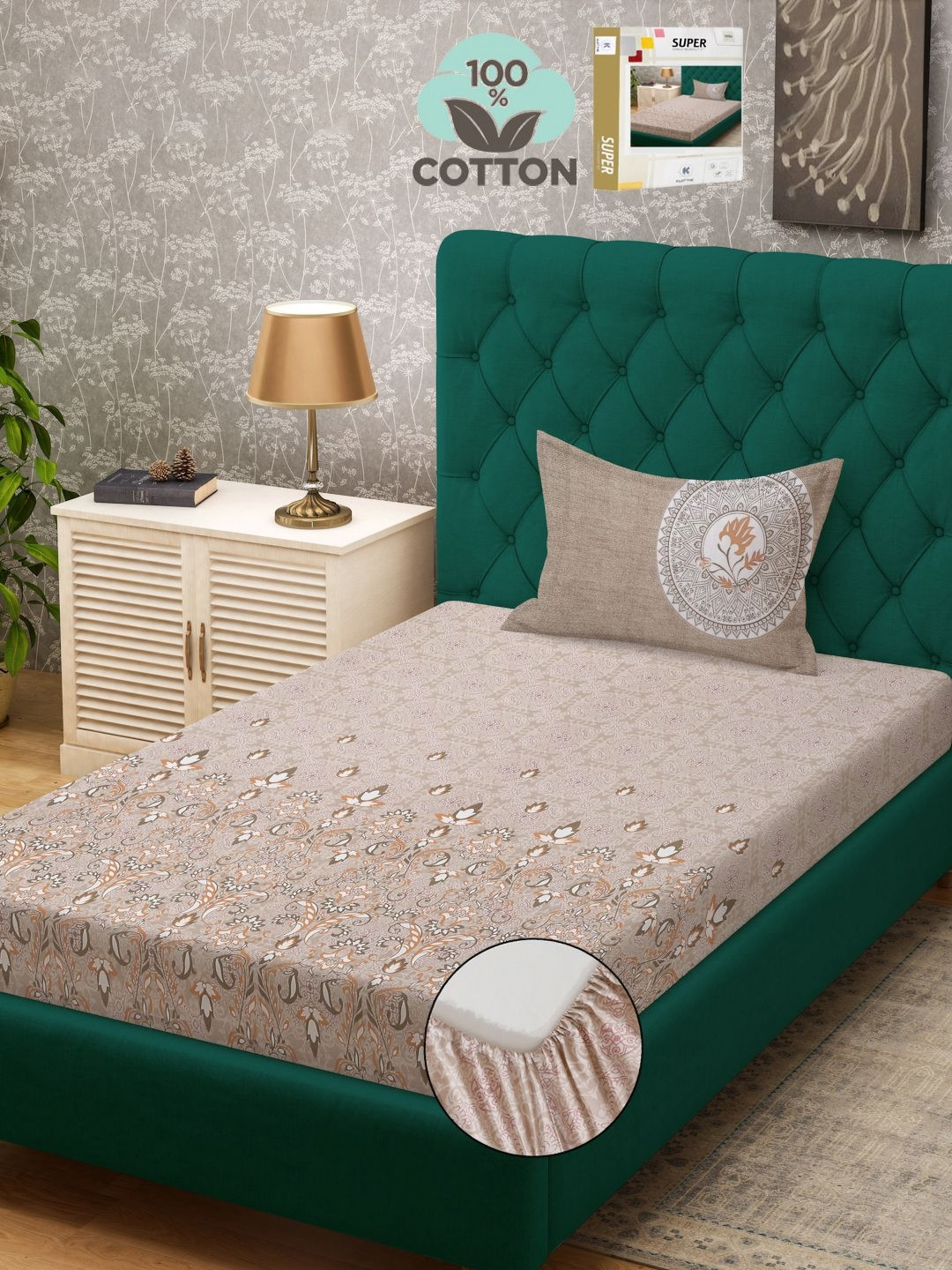 

KLOTTHE Beige Printed 400 TC Pure Cotton Single Bed Fitted Bedsheet With 1 Pillow Cover