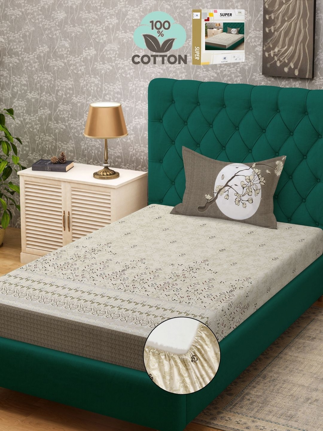 

KLOTTHE Beige Printed 400 TC Pure Cotton Single Bed Fitted Bedsheet With 1 Pillow Cover