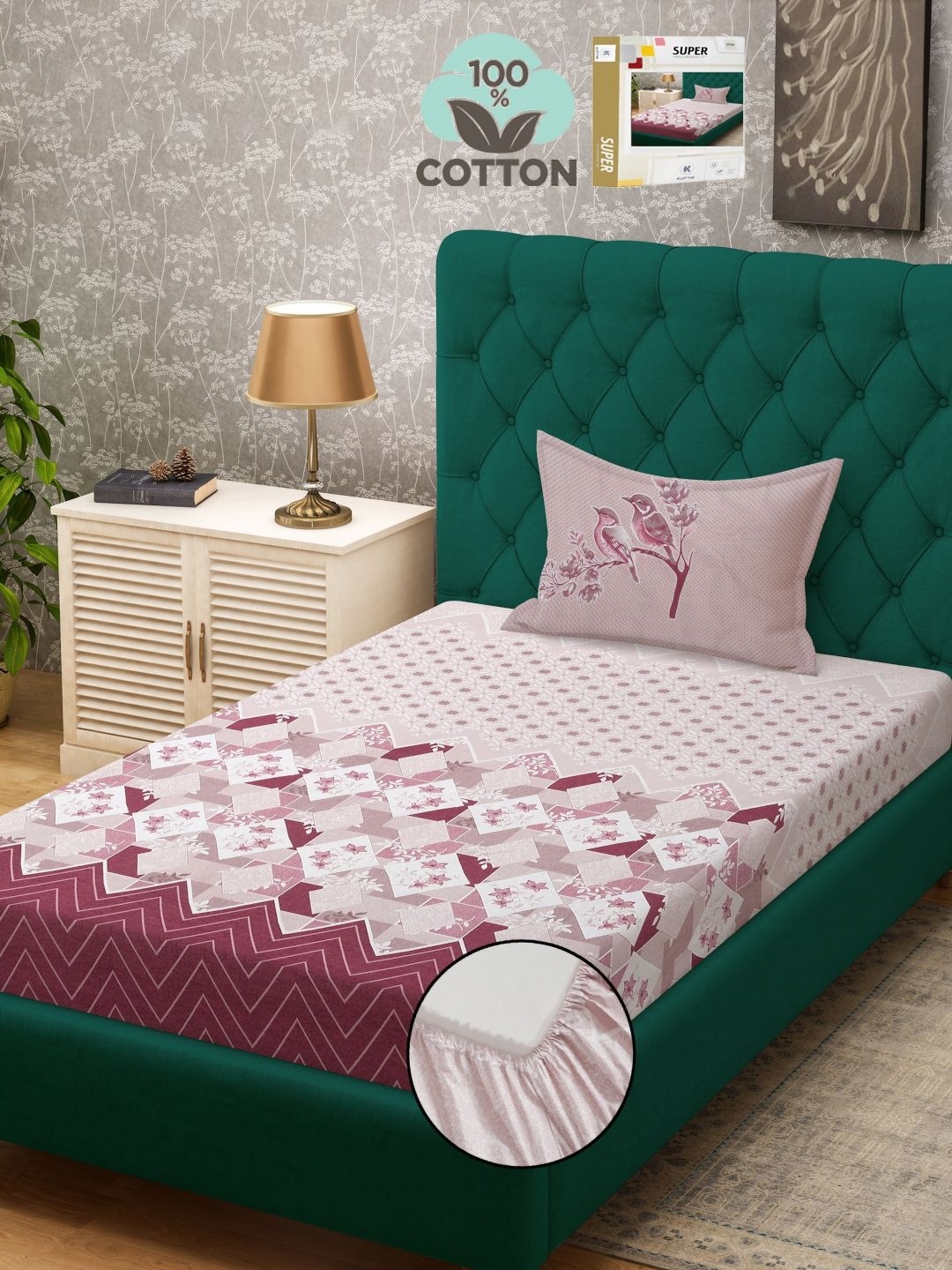 

KLOTTHE White Printed 400 TC Pure Cotton Single Bed Fitted Bedsheet With 1 Pillow Cover