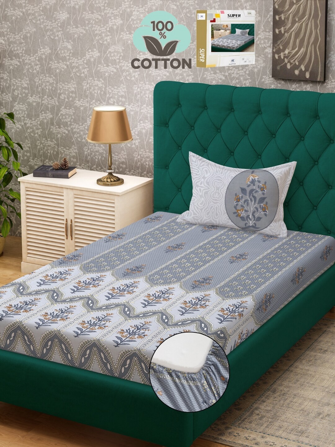 

KLOTTHE Grey Printed 400 TC Pure Cotton Single Bed Fitted Bedsheet With 1 Pillow Cover