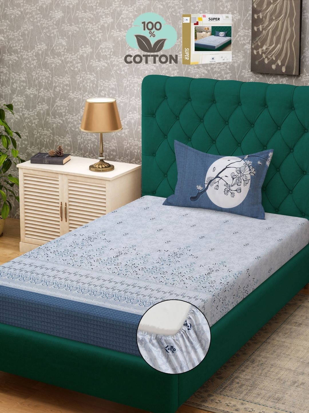 

KLOTTHE Blue Printed 400 TC Pure Cotton Single Bed Fitted Bedsheet With 1 Pillow Cover
