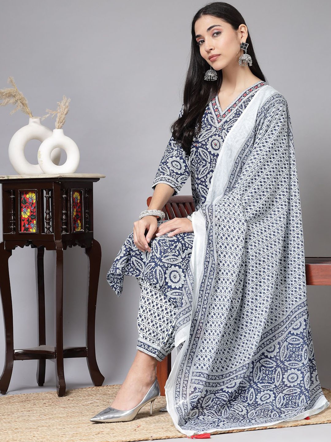 

KALINI Women Floral Printed Regular Kantha Work Pure Cotton Kurta with Trousers & With Dupatta, Blue