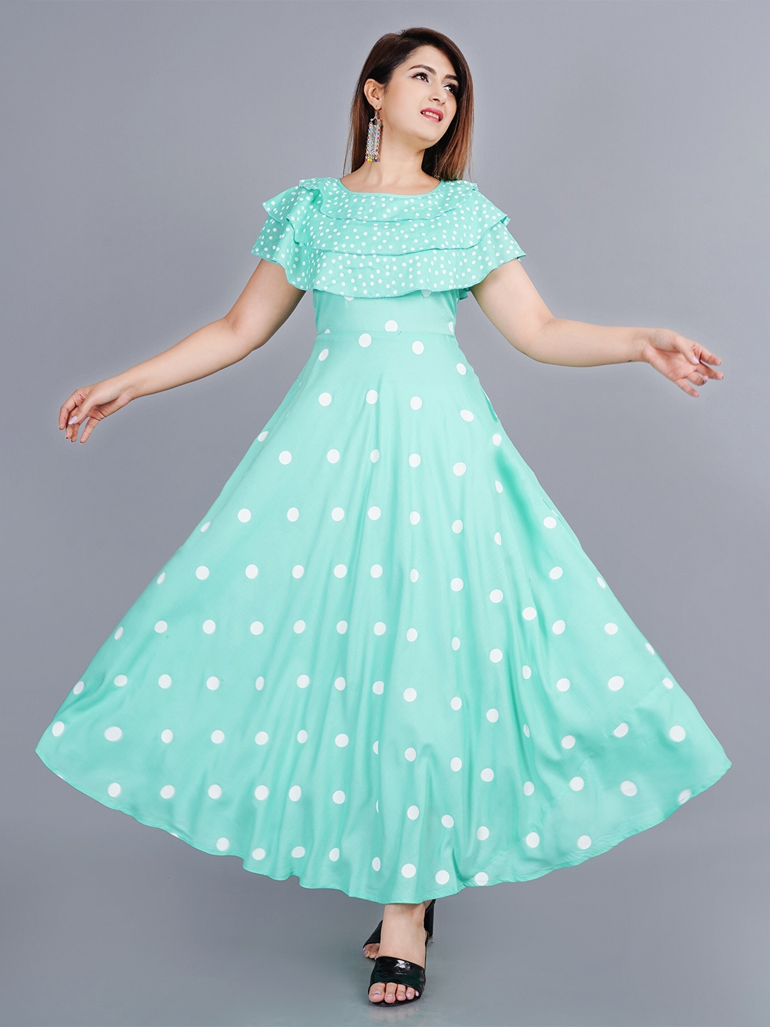 

Mintmarie Ethnic Motifs Print Cape Sleeve Maxi Dress, Sea green
