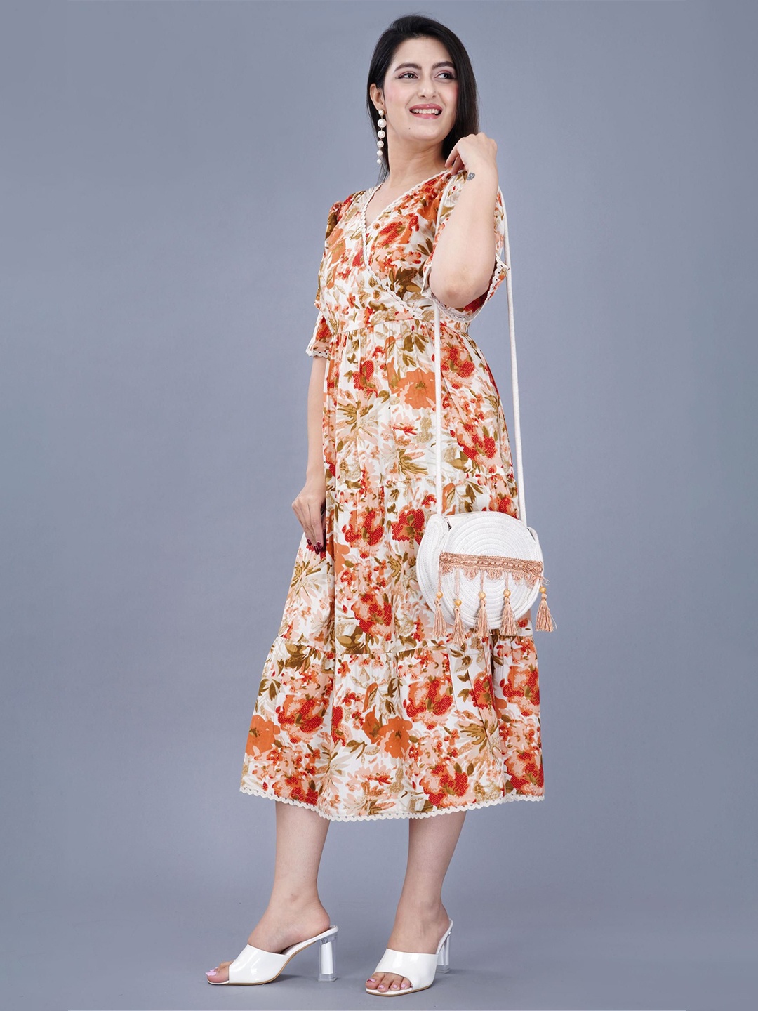 

Mintmarie Floral Print Empire Midi Dress, Orange